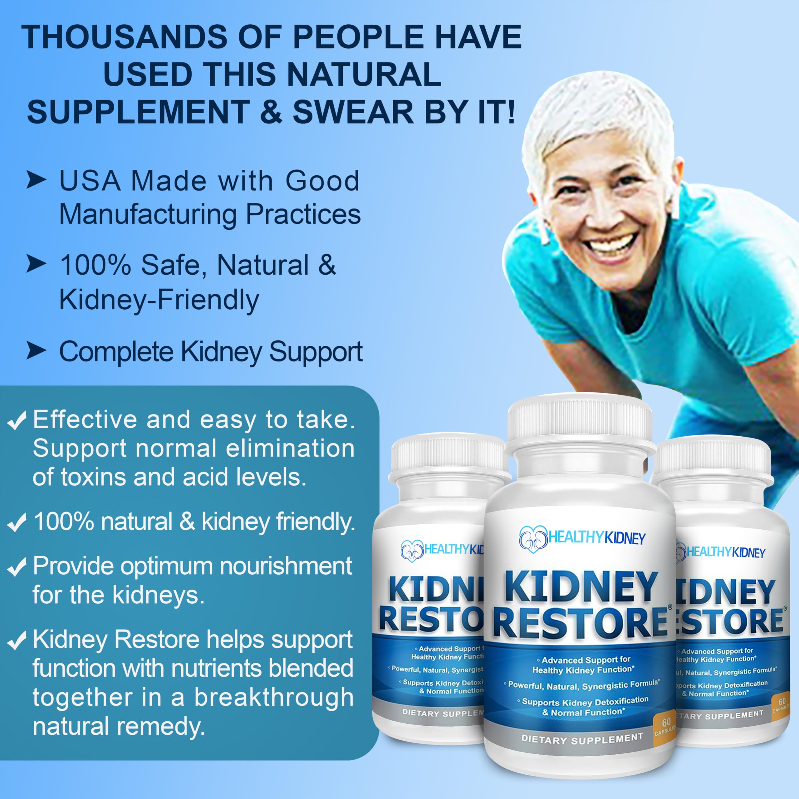 Kidney Restore – étiquette et dosage, informations claires d'utilisation.
