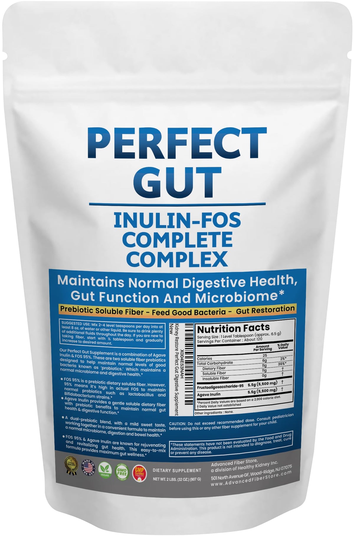 Perfect Gut Kidney Restore emballage montrant le prébiotique et son approche santé intestinale
