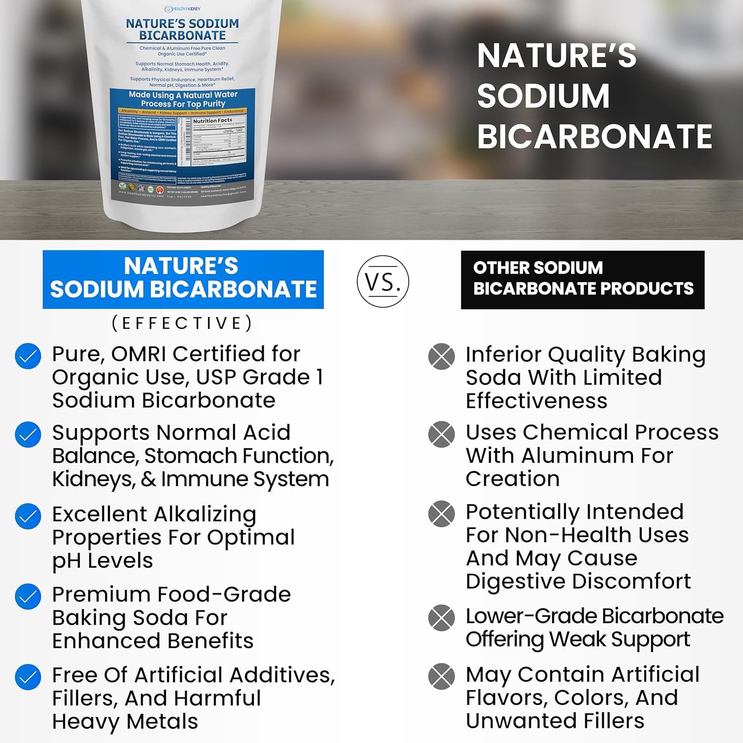 Détail de poudre bicarbonate de soude avec indication en grammes.