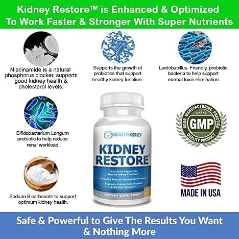 Kidney Restore, tableau ingrédients donnant un aperçu des actifs pour le soutien rénal.