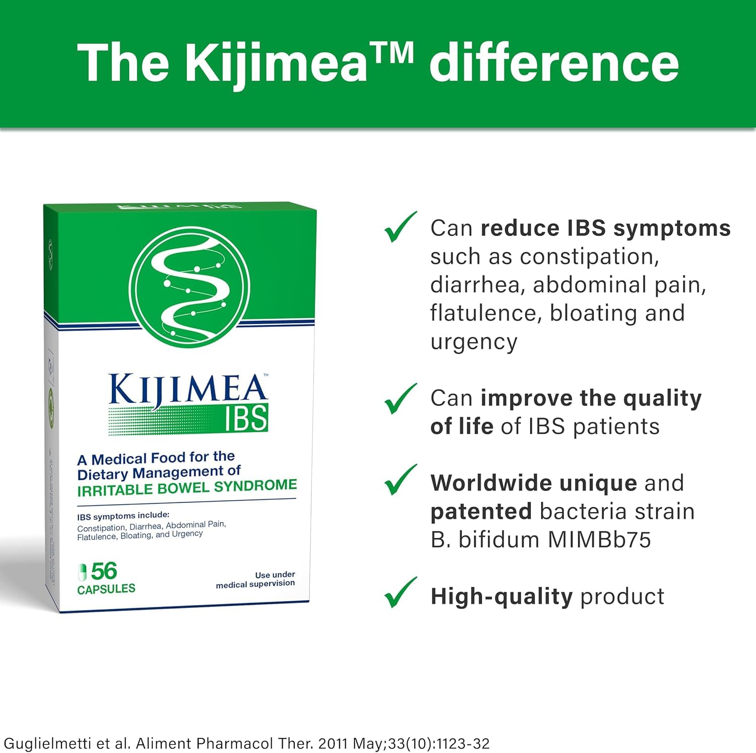 Kijimea IBS – étiquette produit indiquant vegan et absence de lactose et gluten.