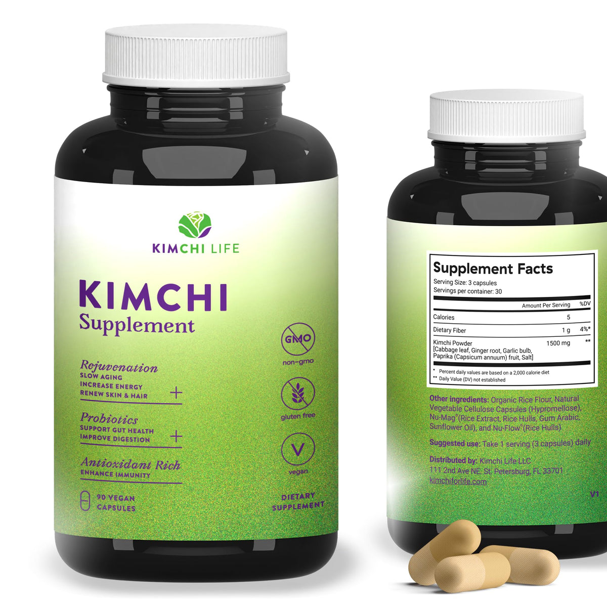 Kimchi Life, bouteille de capsules fermentées, soutien potentiel à la digestion et à l'énergie.
