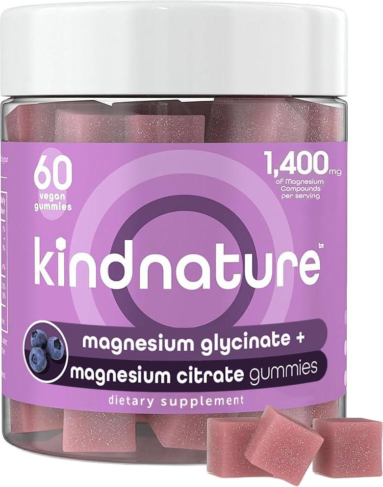 Kindnature Gommes Magnésium Glycinate et Citrate – bouteille 60 gommes, pratique pour le soir.