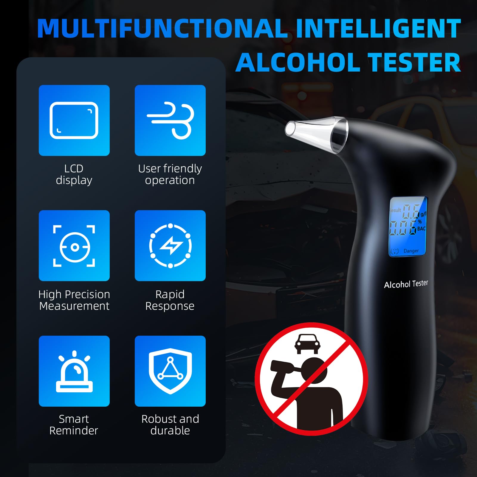 Testeur d’alcool Kinetroni avec embouts buccaux réutilisables pour partage sûr.