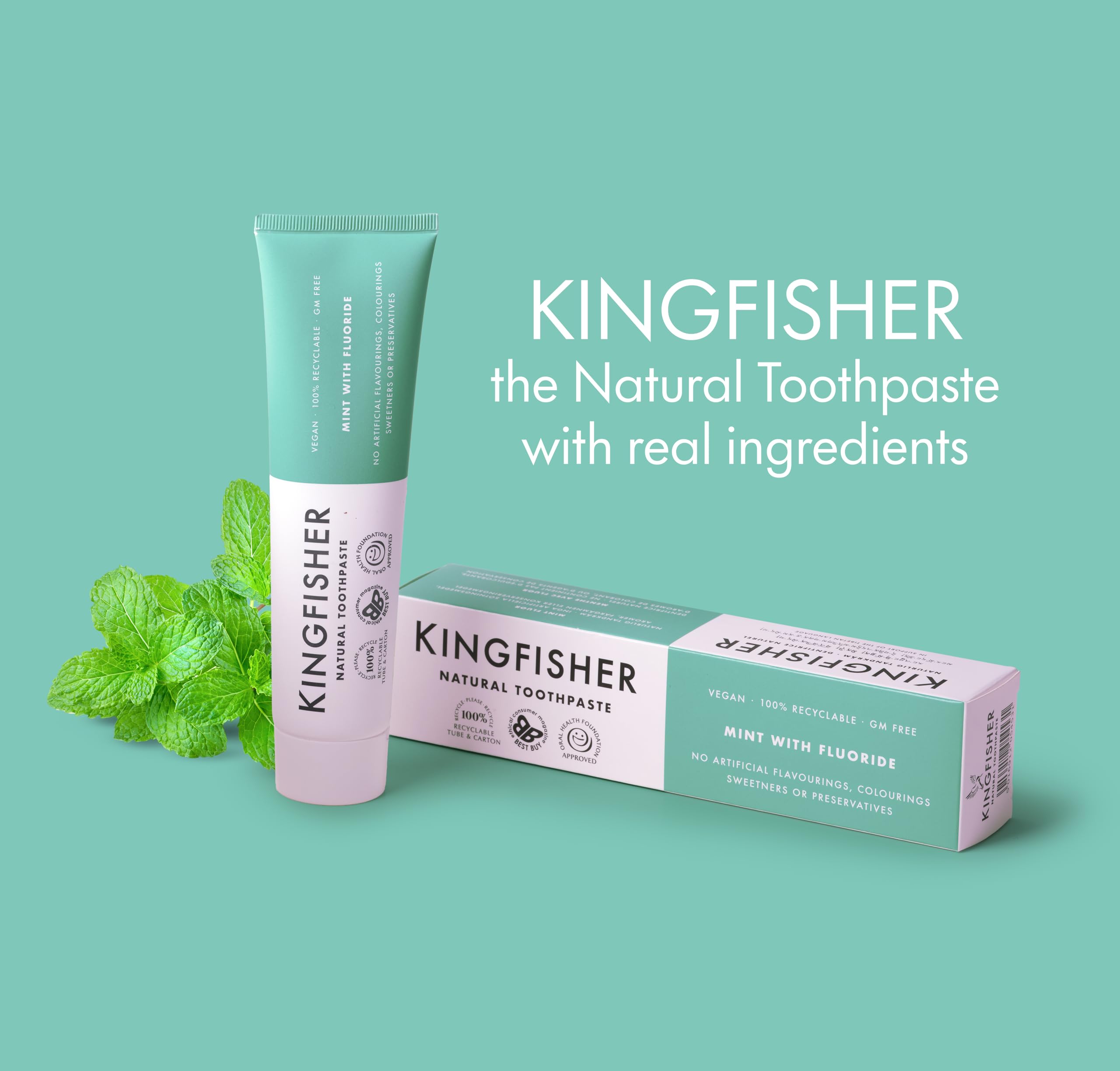 Emballage Kingfisher dentifrice menthe pour une présentation sûre et pratique.