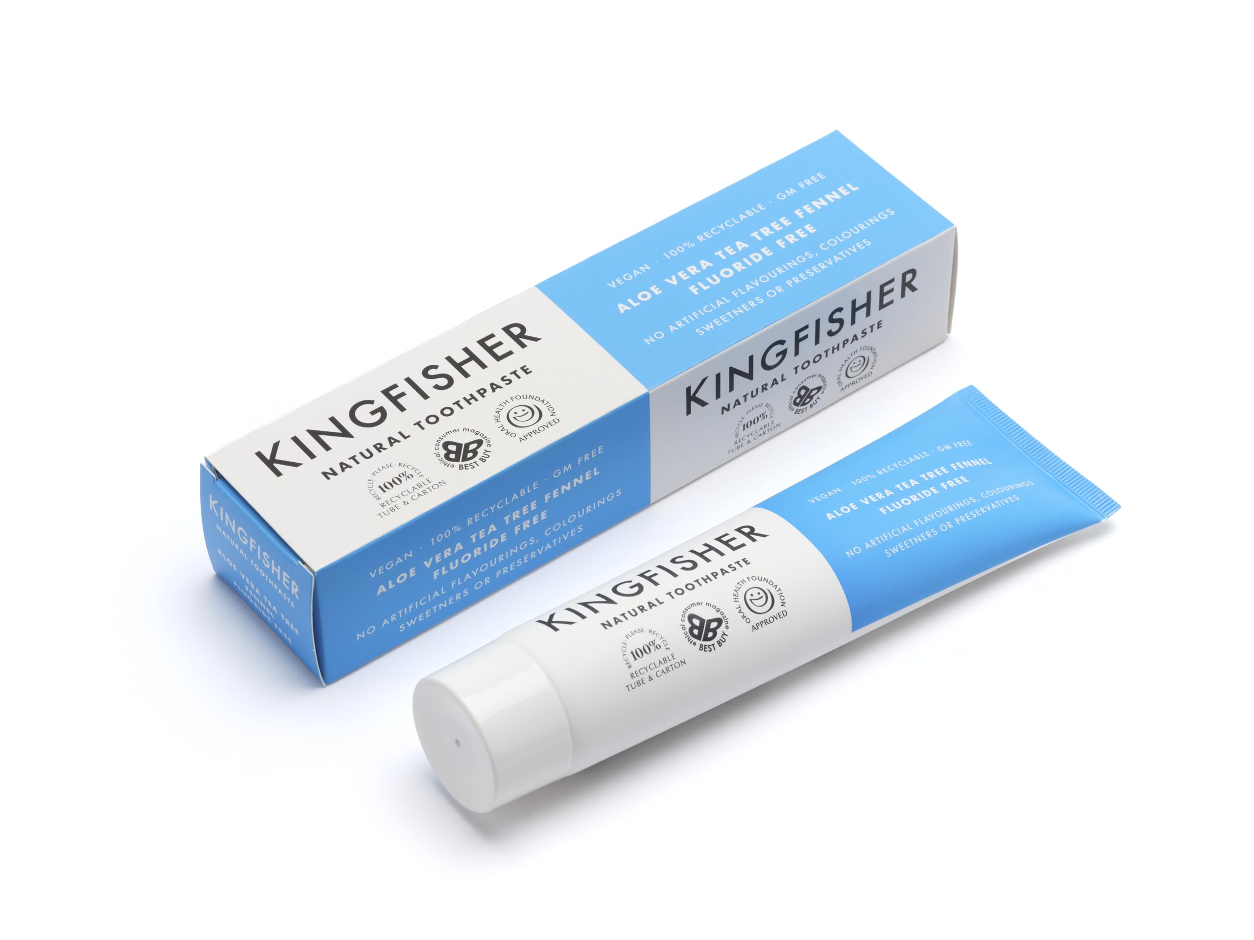 Dentifrice Kingfisher Aloe vera Arbre à thé et fenouil, tube compact pour l'hygiène buccale quotidienne.