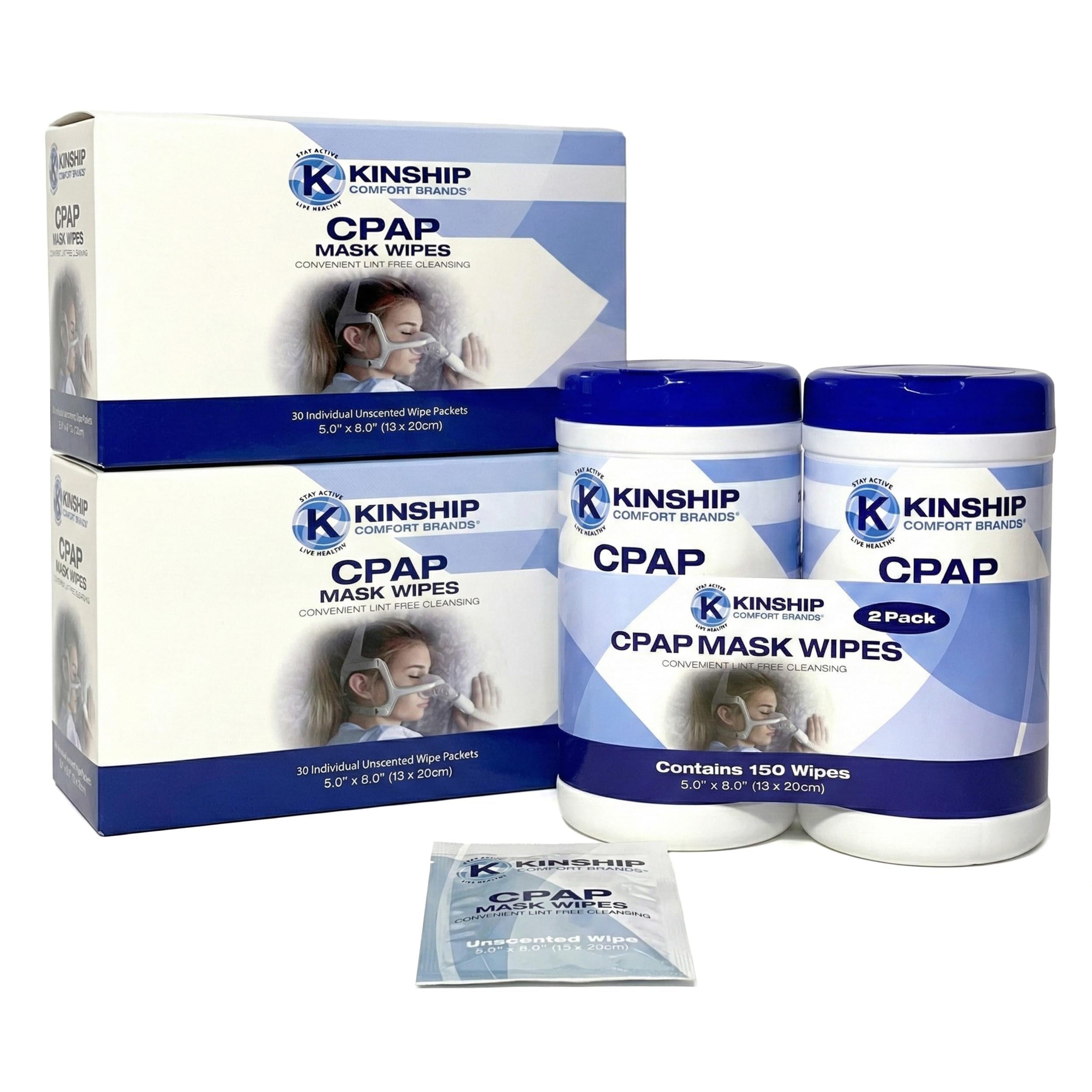 Lingettes Kinship Comfort pour nettoyage du masque CPAP, efficacité rapide sans résidu.