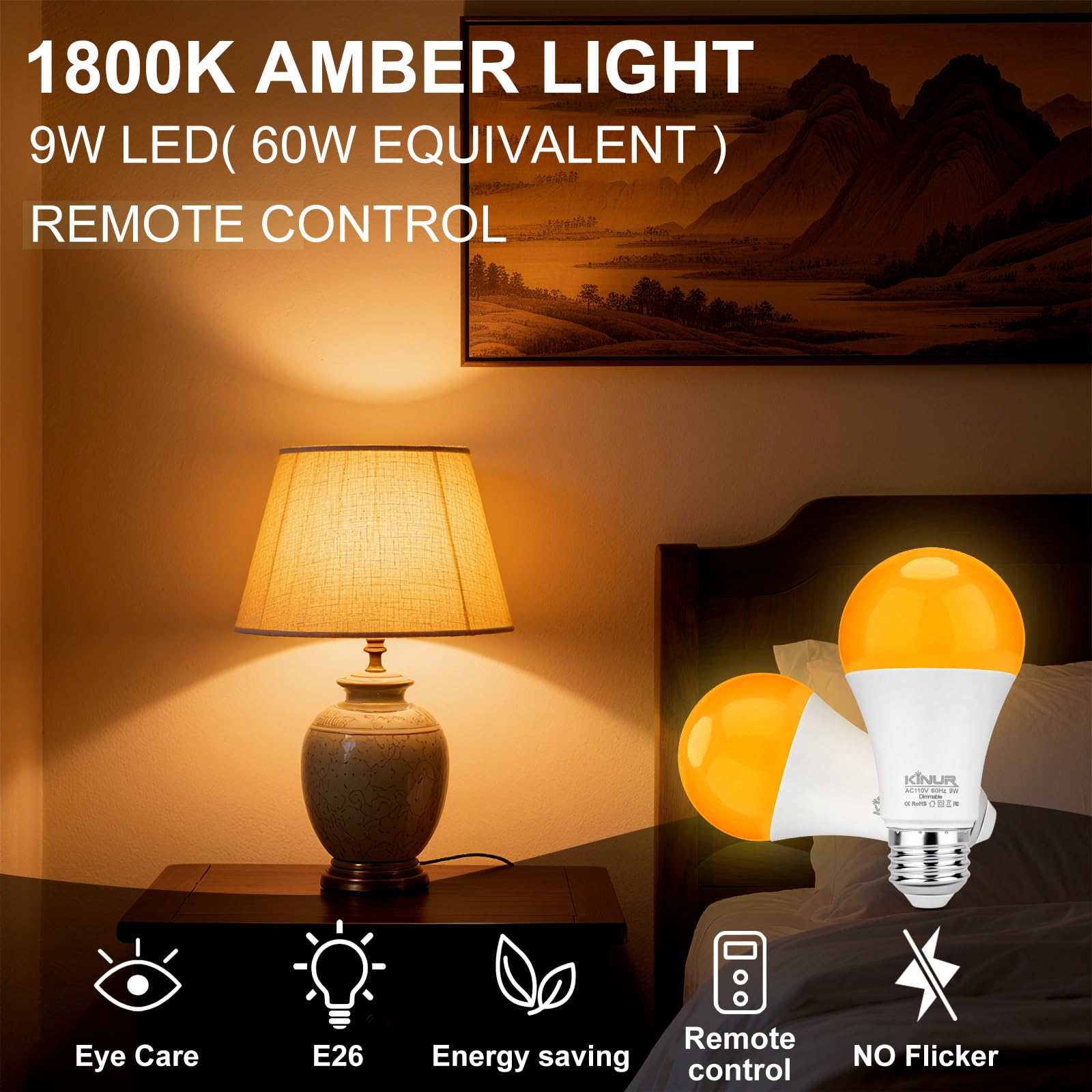 Lumière bleue bloquée par Kinur Amber Sommeil pour un cadre nocturne plus confortable.