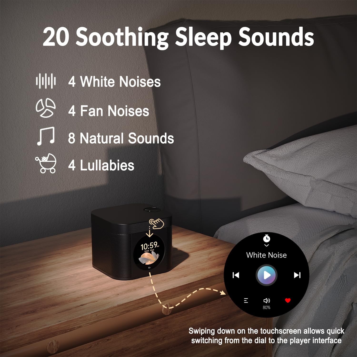 Kipcush Sleep Sound Machine proposant guides respiration visuels pour calmer l'esprit.