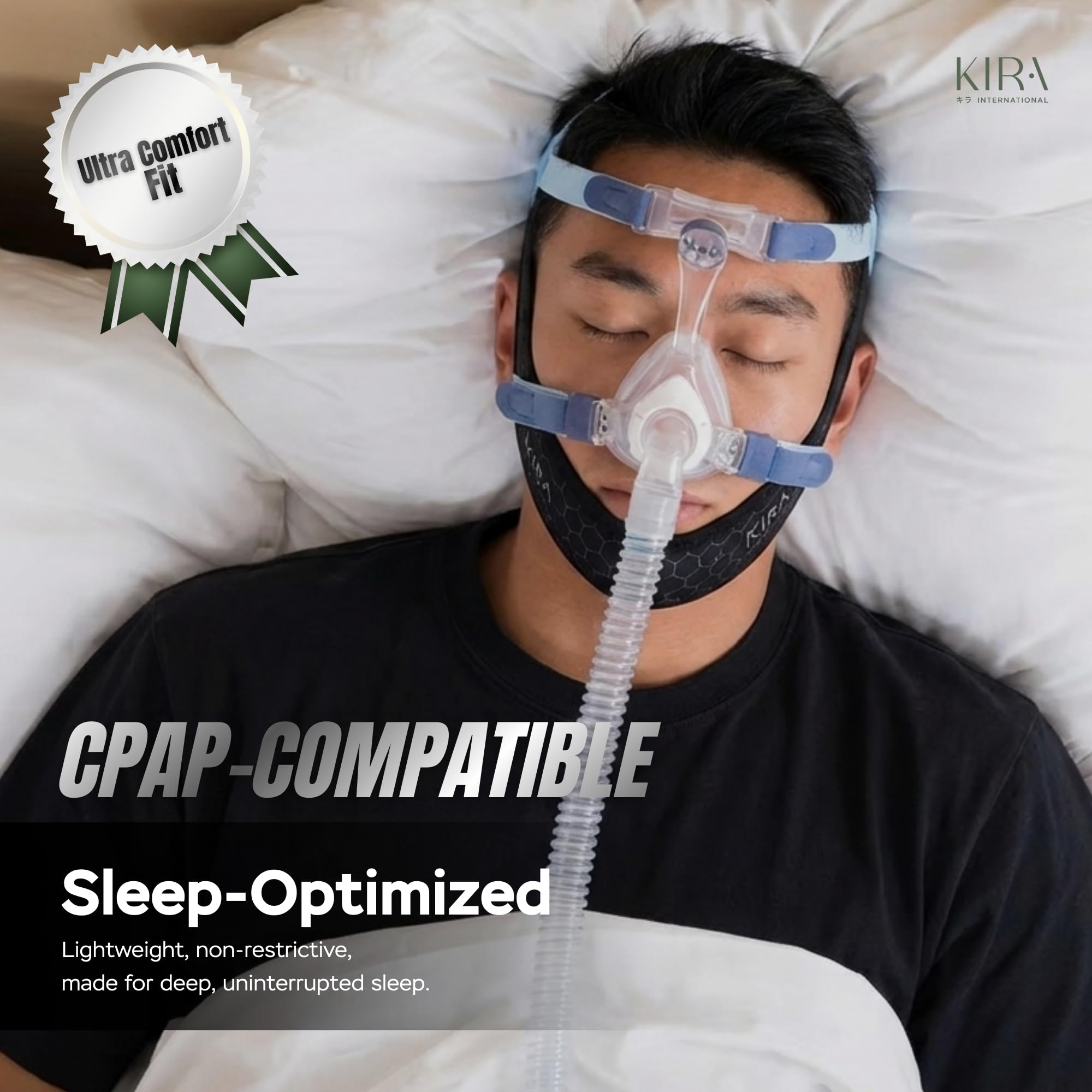 Sangle CPAP compatible par KIRA INTERNATIONAL, sans gêner le masque CPAP.