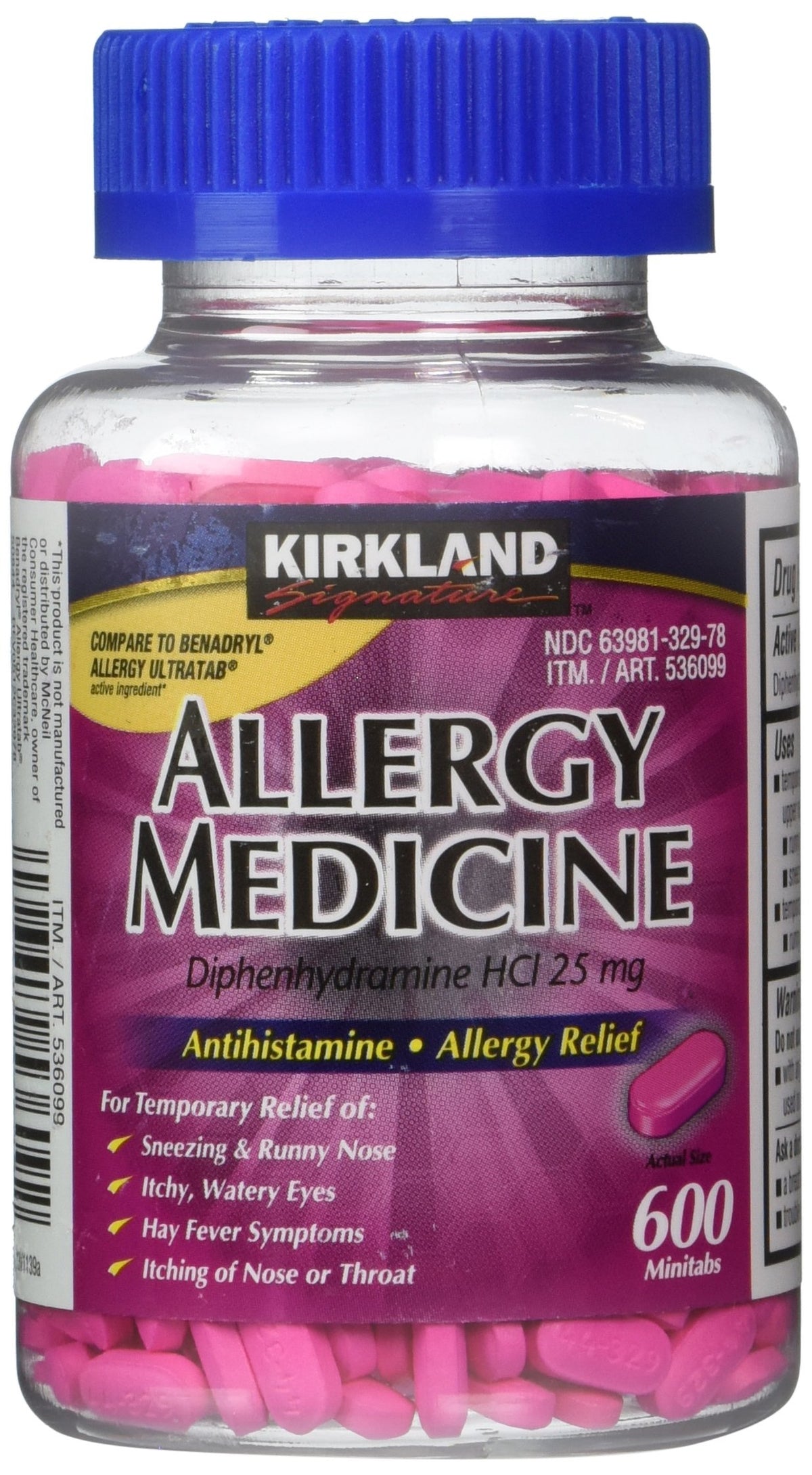 KIRKLAND Diphenhydramine 25 mg minitabs boîte: emballage clair pour soulager rapidement les symptômes.