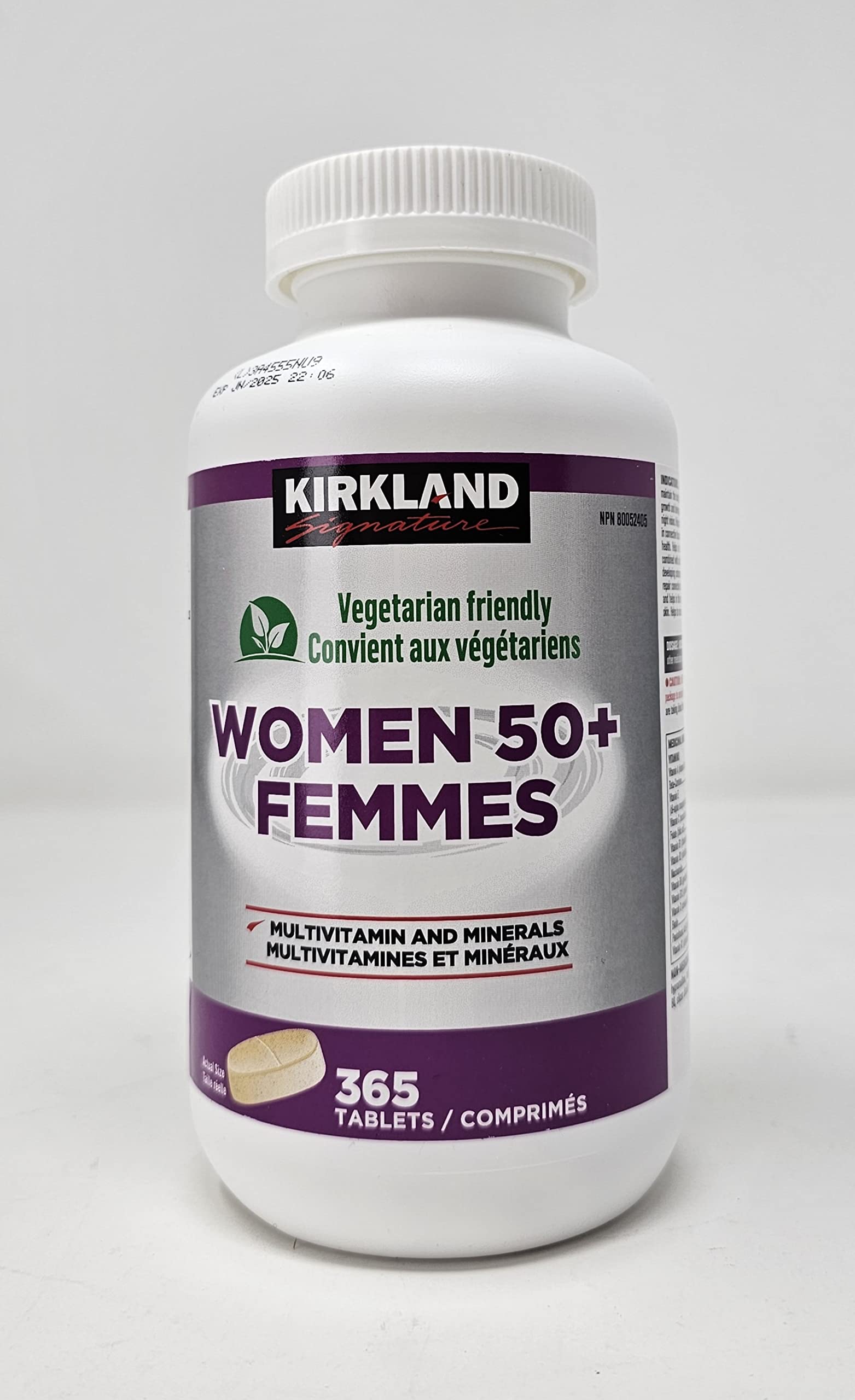 KIRKLAND Femmes 50+ Multivitamines — Bouteille de 365 comprimés pour énergie quotidienne.