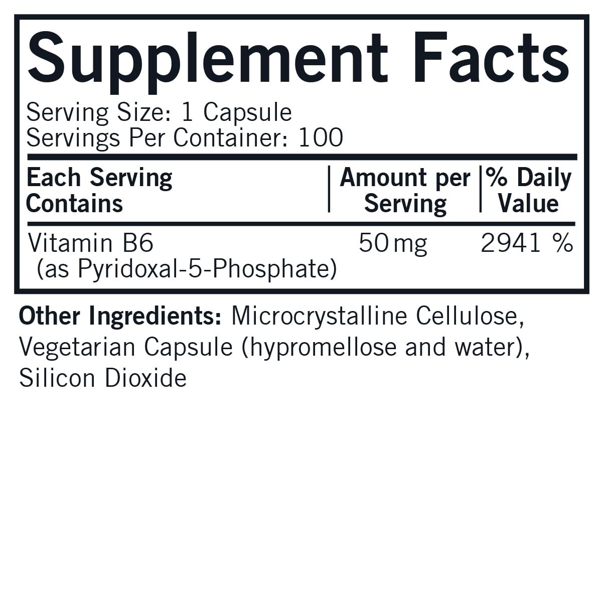 Étiquette claire sur la bouteille indiquant la dose P-5-P.