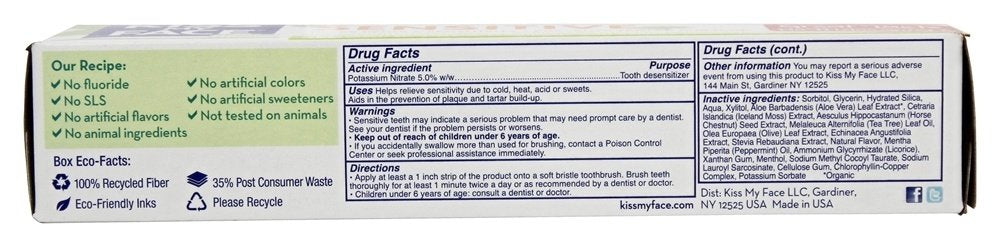 Kiss My Face Dentifrice sans fluor, emballage-boîte, présentation naturelle et sans compromis.