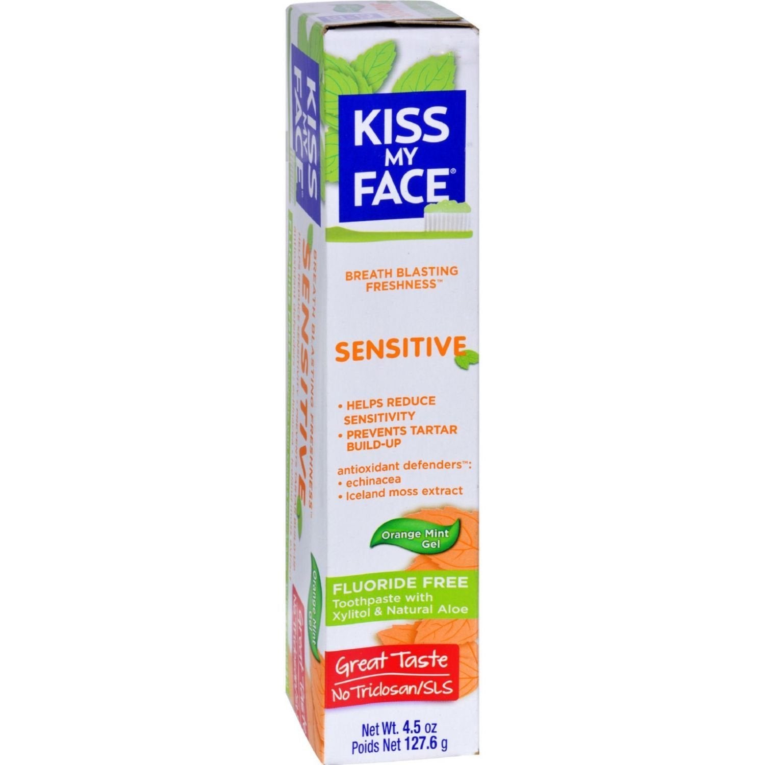Dentifrice Kiss My Face sans fluorure pour dents sensibles, fraîcheur durable.