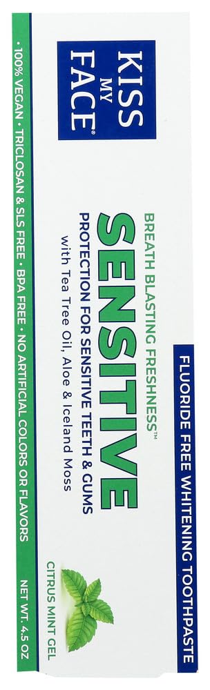 Étiquette du dentifrice Kiss My Face sensible sans fluor, usage quotidien.