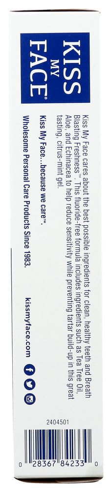 Dentifrice Kiss My Face sensible, gel citron-menthe, sensation rafraîchissante.