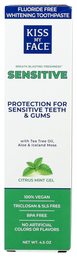 Dentifrice Kiss My Face sensible, tube visible, fraîcheur durable.