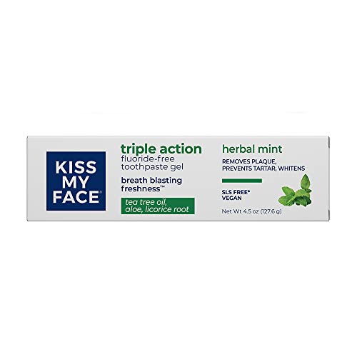 Kiss My Face dentifrice triple action menthe, haleine fraîche durable.