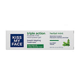 Kiss My Face dentifrice triple action menthe, haleine fraîche durable.