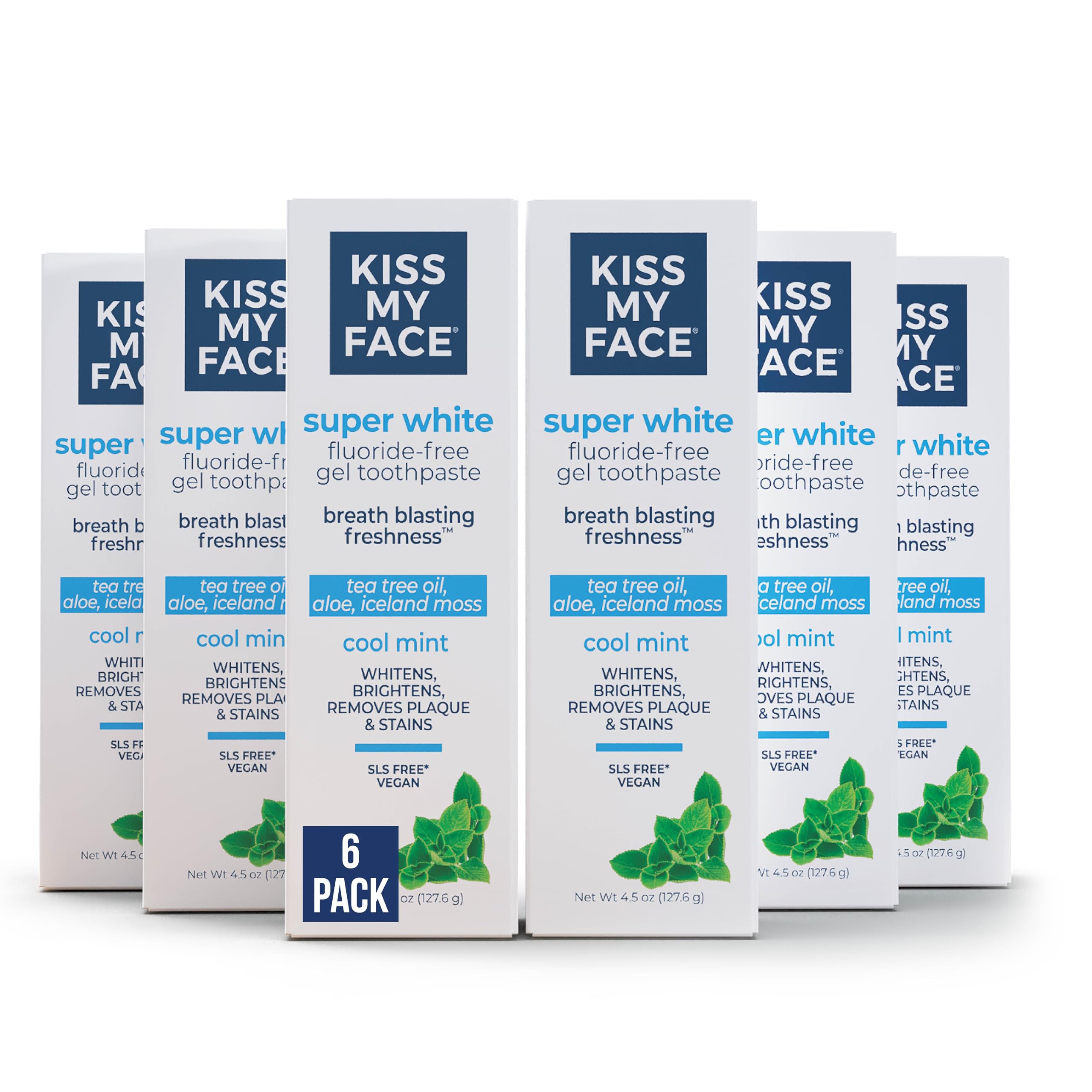 Emballage Kiss My Face Super White, dentifrice gel vegan et sans fluorure.