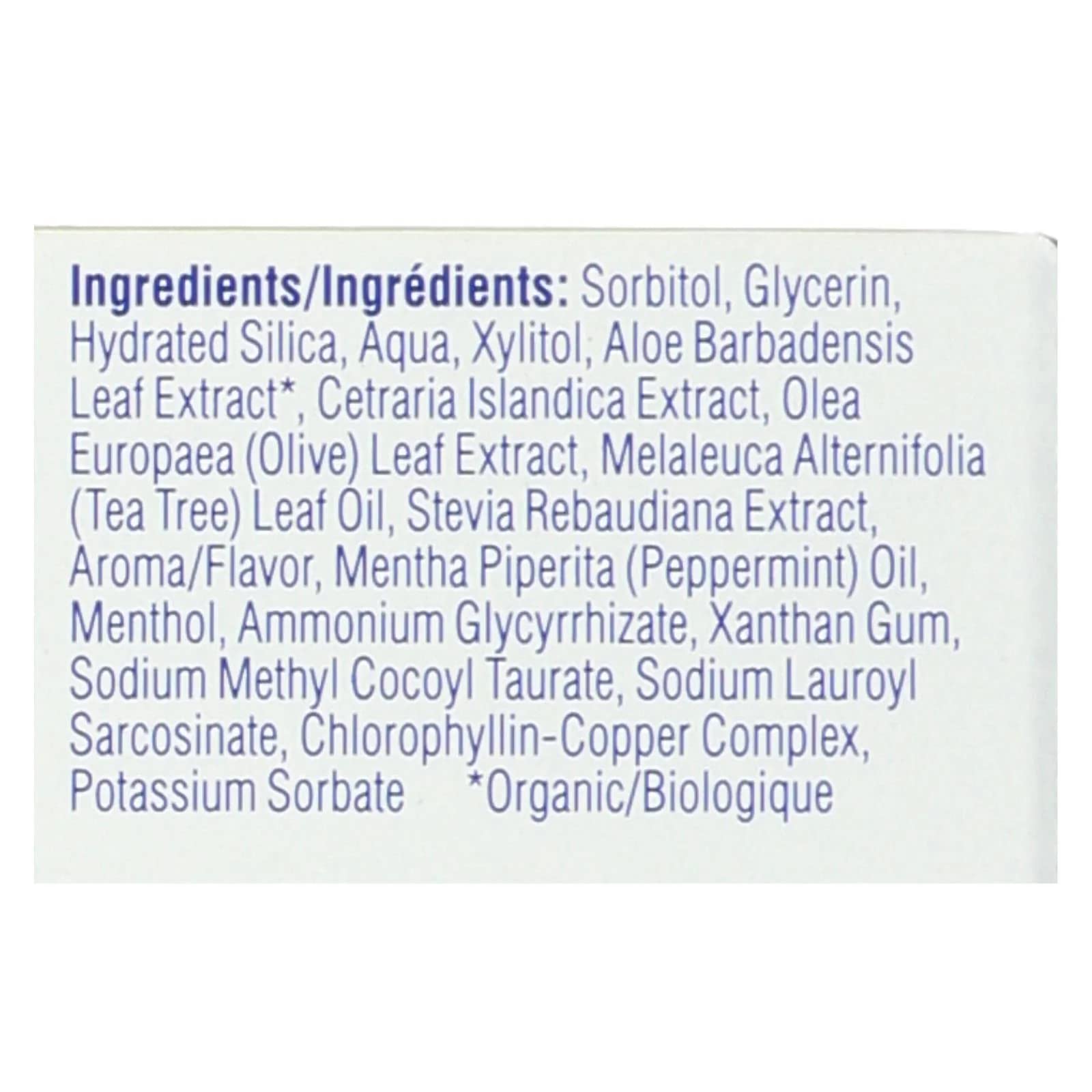 Kiss My Face Super White Gel présente des ingrédients arbre-a-the et aloe pour le soin des gencives.