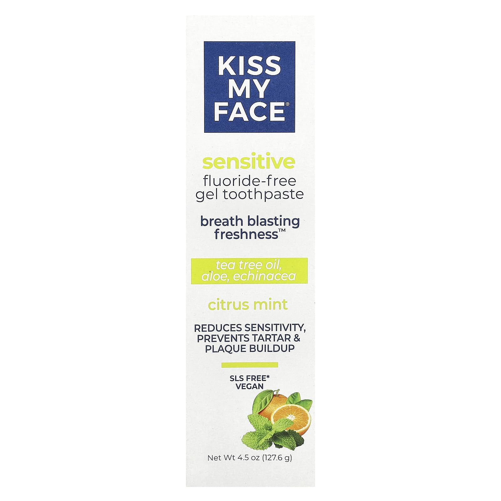 Kiss My Face Tube dentifrice menthe citron, emballage sans cruauté et utilisation pratique.