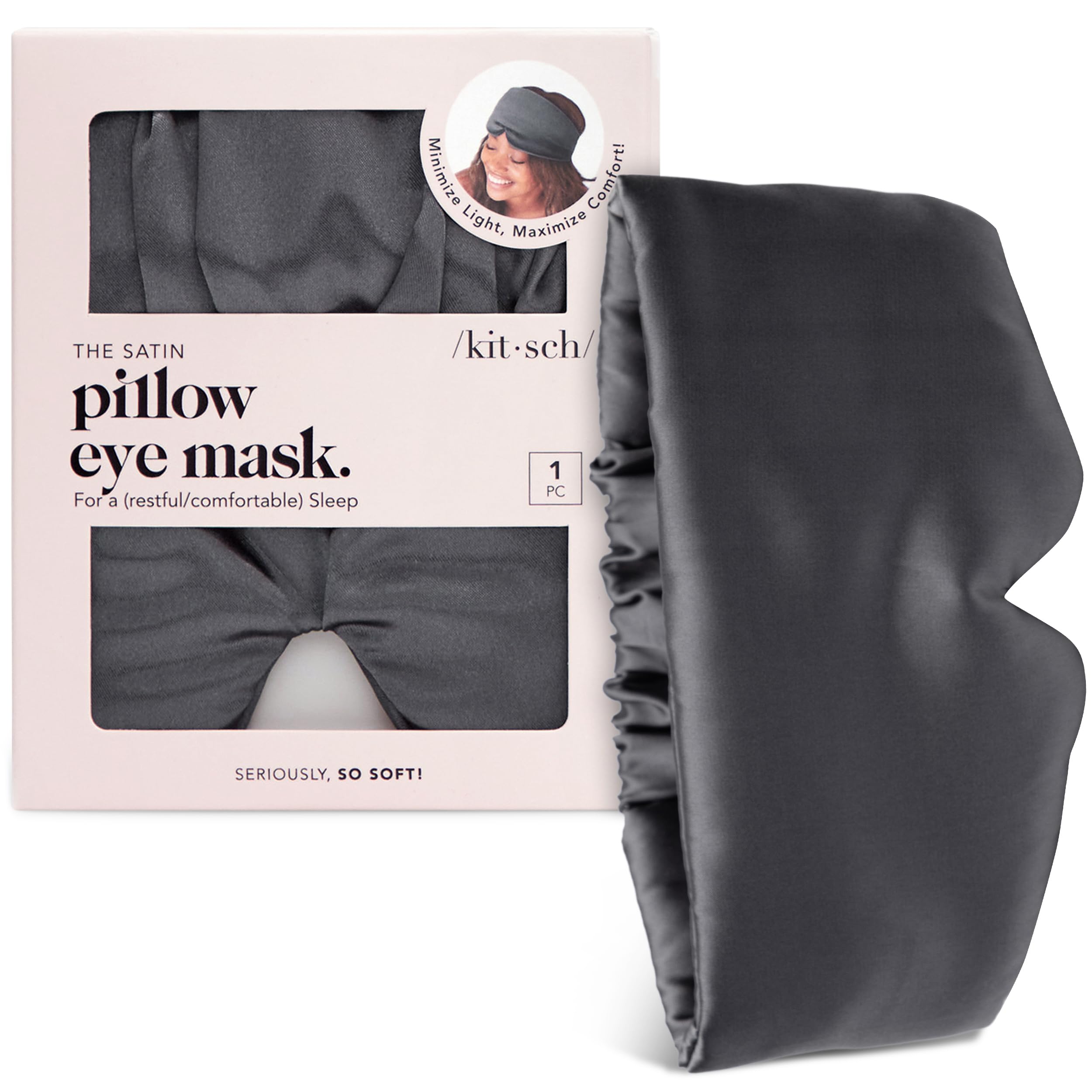 Masque Kitsch satin charbon noir, premier plan, douceur luxueuse pour le sommeil.