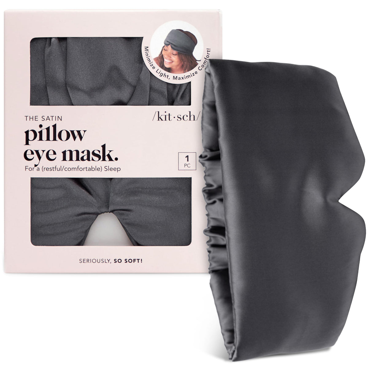 Masque Kitsch satin charbon noir, premier plan, douceur luxueuse pour le sommeil.