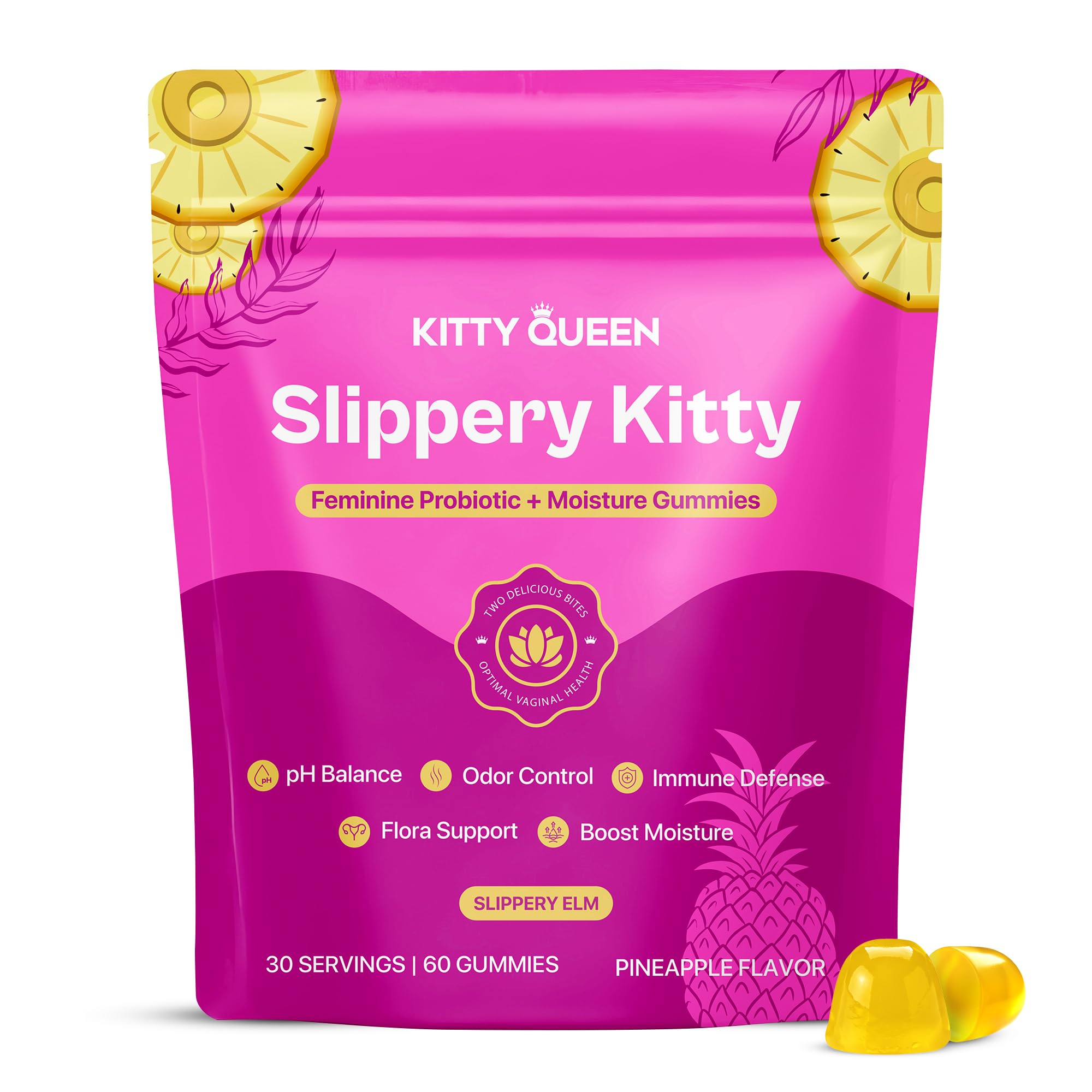 KITTYQUEEN Slippery Kitty Gommes Ananas, gros plan, soutien potentiel à l'équilibre intime.