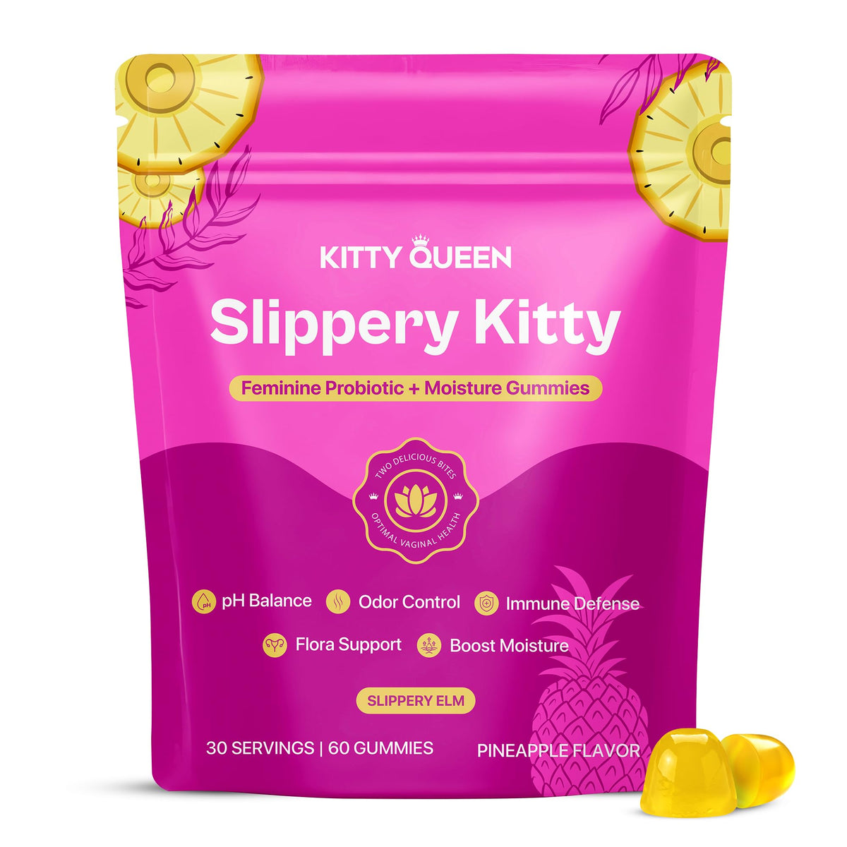 KITTYQUEEN Slippery Kitty Gommes Ananas, gros plan, soutien potentiel à l'équilibre intime.