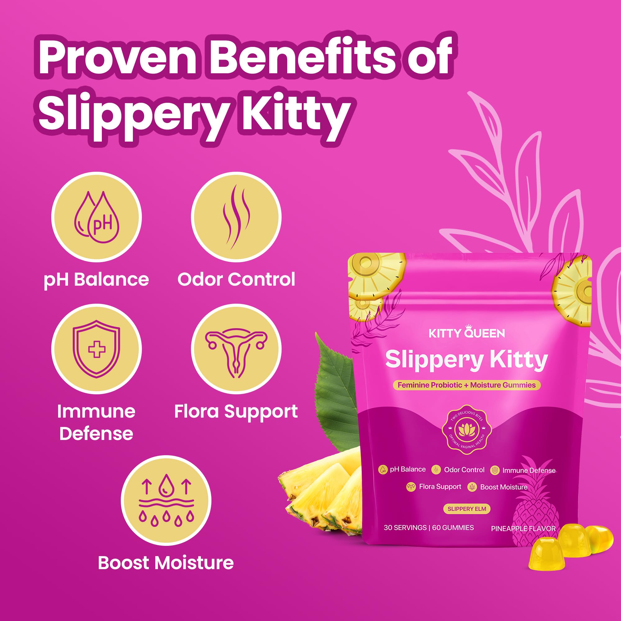 KITTYQUEEN Slippery Kitty Gommes, bouteille visible et étiquette explicite.