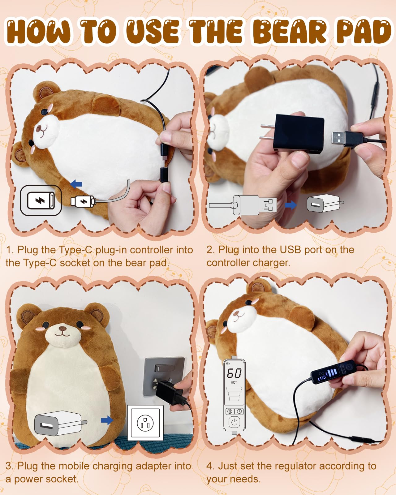 Kivdes Ours Chauffant USB, longueur de cordon 2 m facilitant le placement.