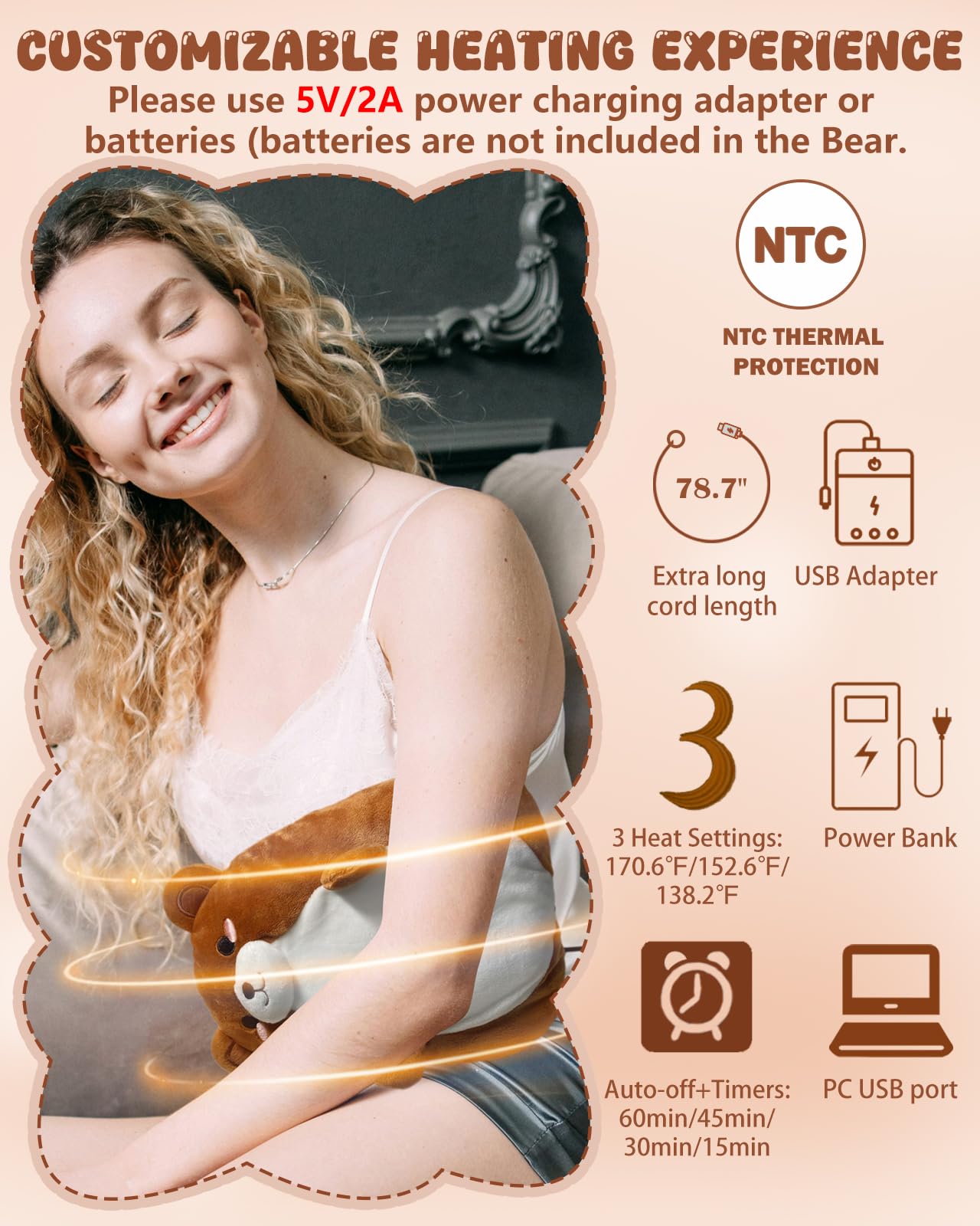 Kivdes Ours Chauffant USB, port USB-C pratique pour recharge rapide et usage nomade.