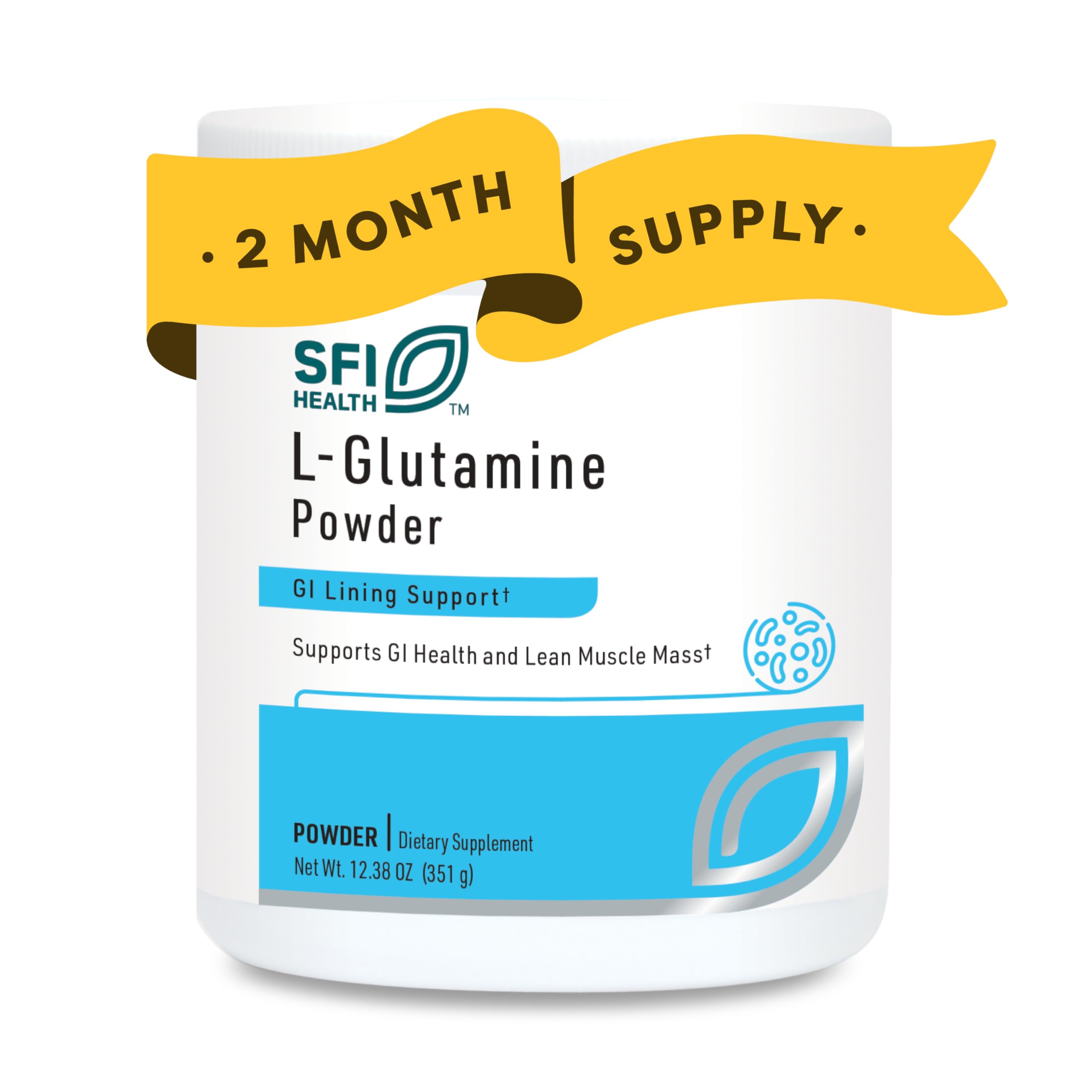 Klaire L-Glutamine en poudre, bouteille, soutien musculaire potentiel.