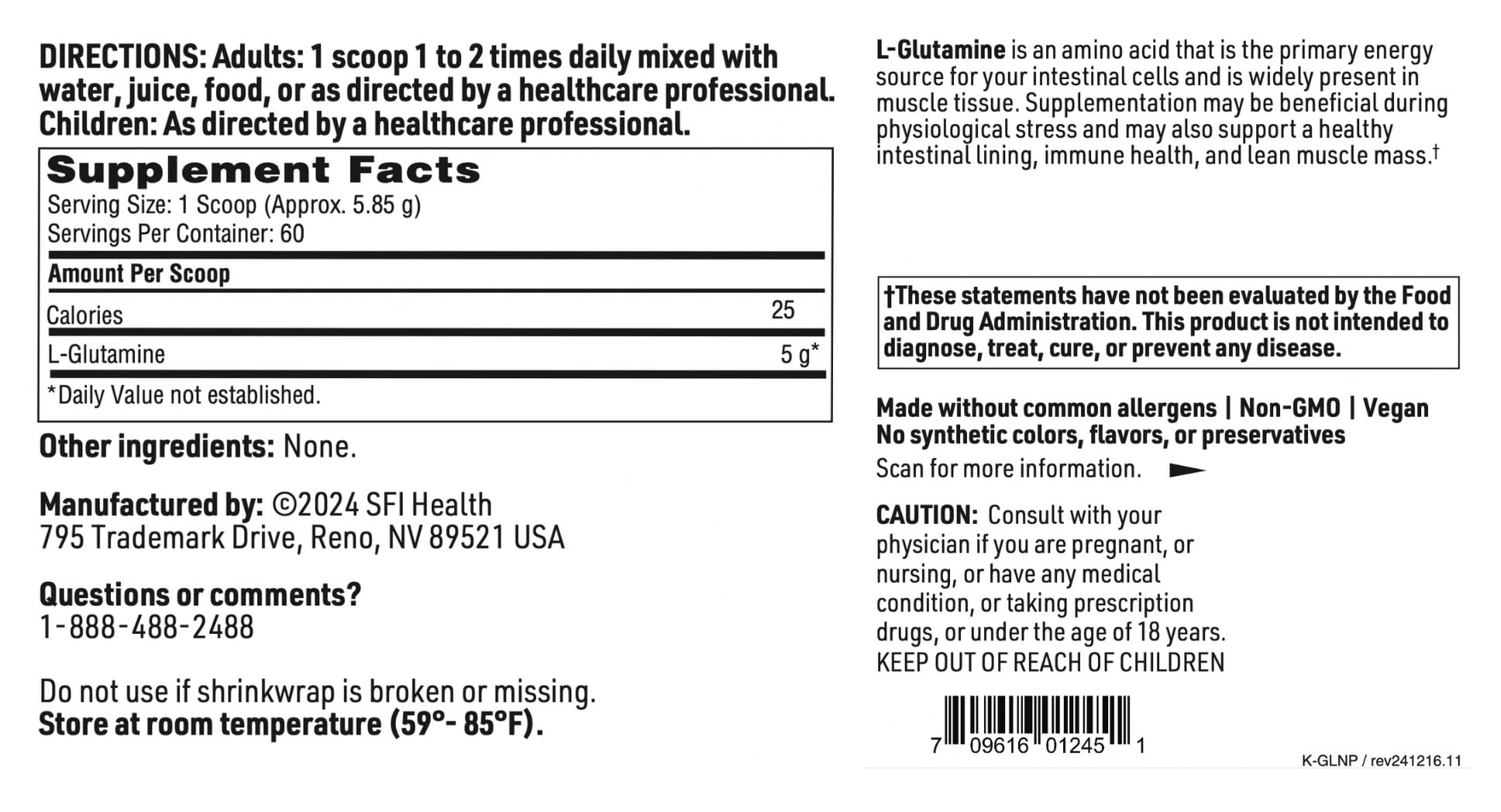 Vue d’ensemble du flacon Klaire L-Glutamine, format 351 g.