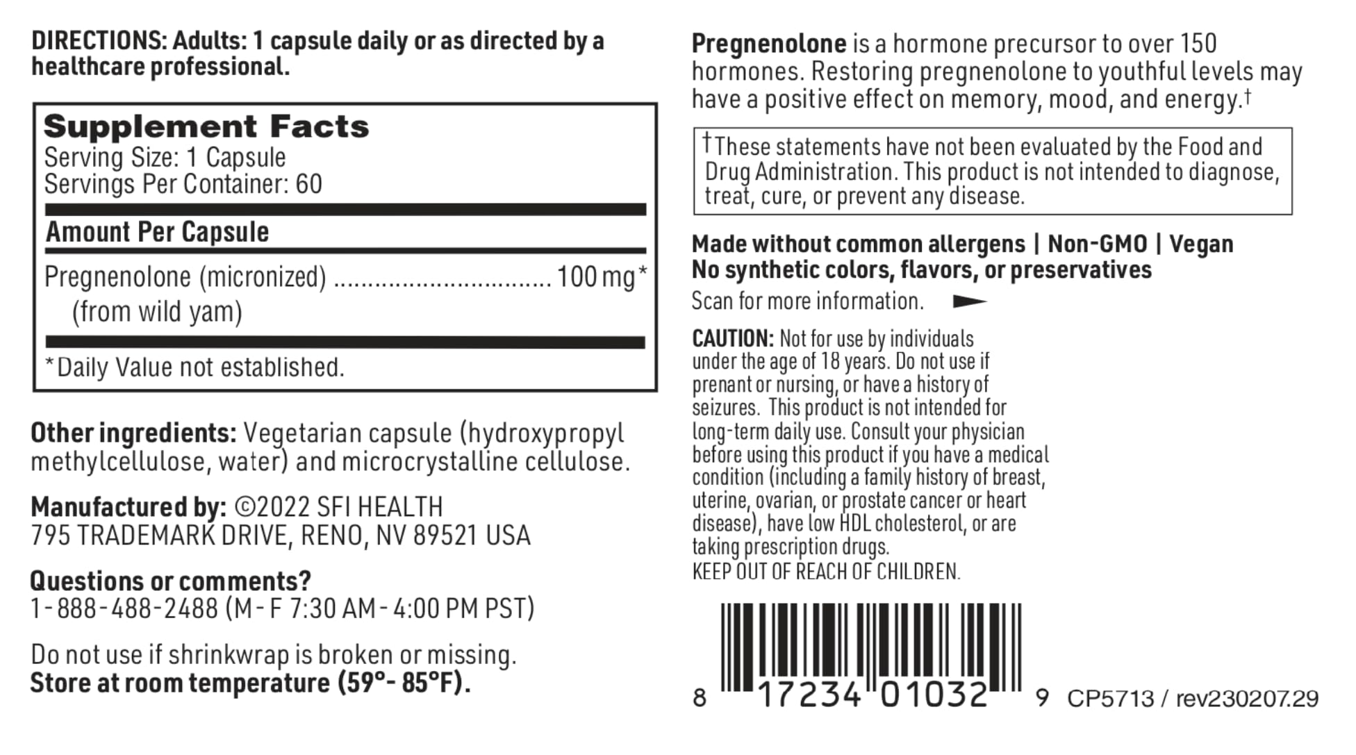 Klaire Labs SFI Health Pregnenolone - Capsule micronisée pour absorption améliorée.