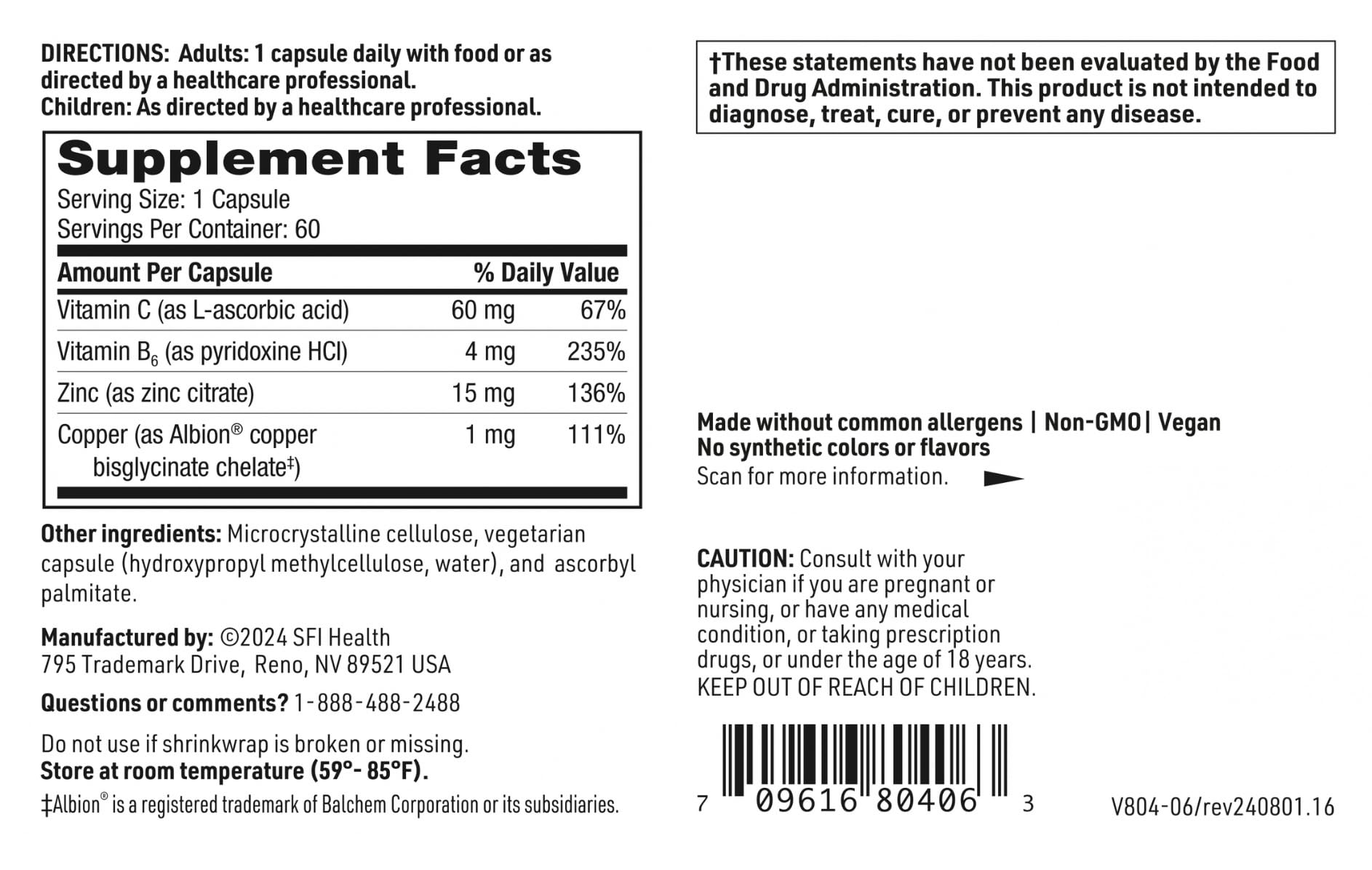 Klaire Labs SFI Health Zinc Plus — vitamines C et B6 complètent la formulation.