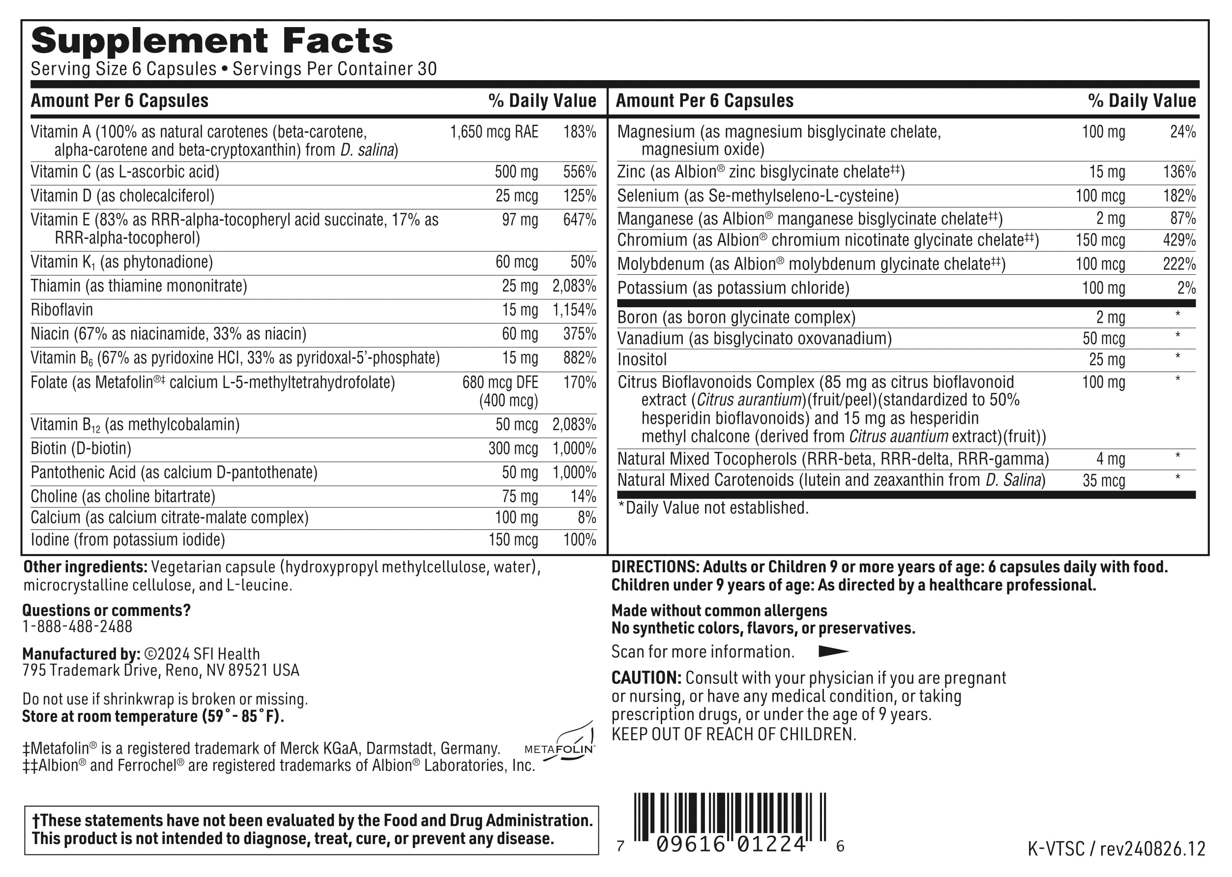 Klaire Labs VitaSpectrum sans allergènes courants, gluten ni lactose.