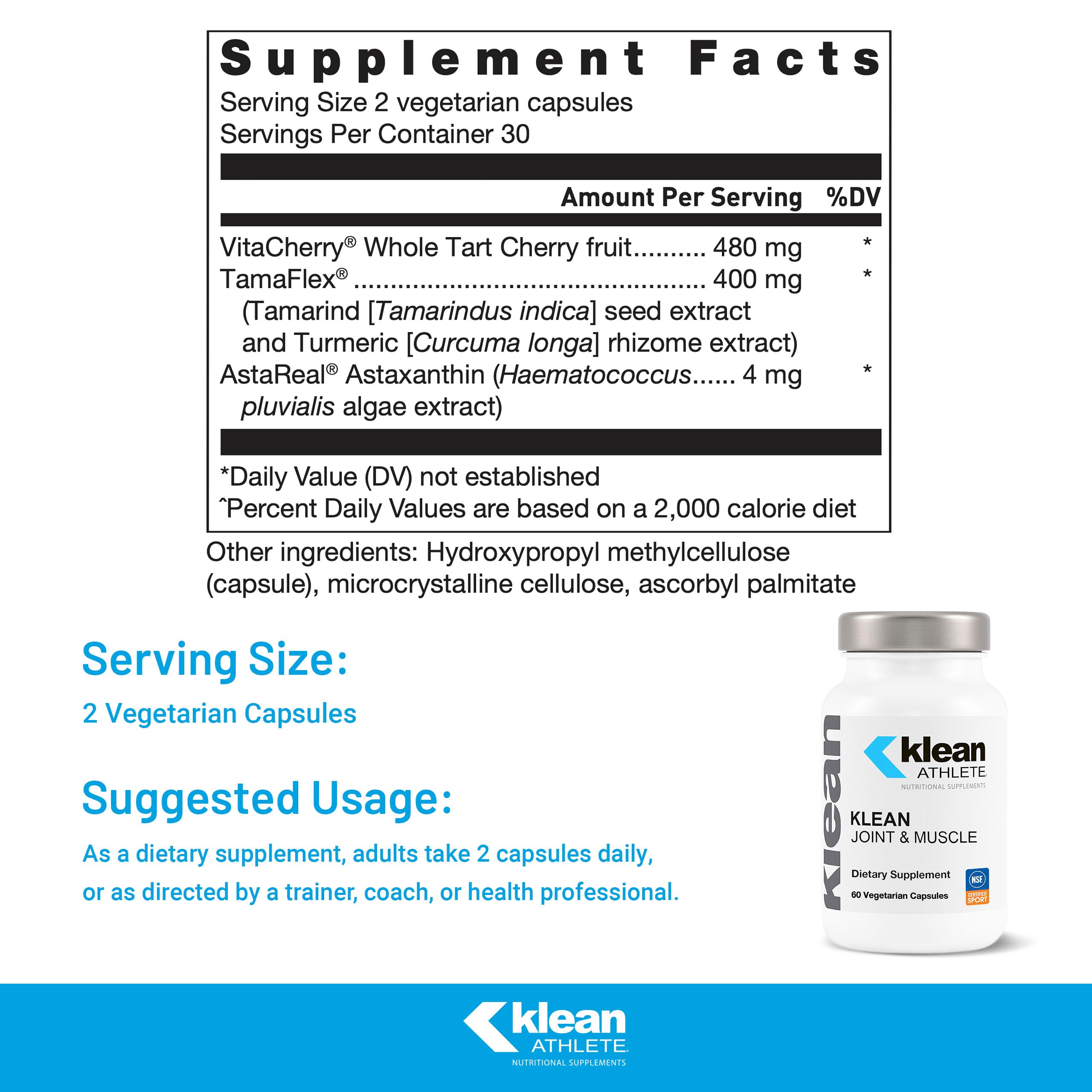 Klean Athlete Joint & Muscle, vue arrière de la bouteille, formulation végétale et sûre.