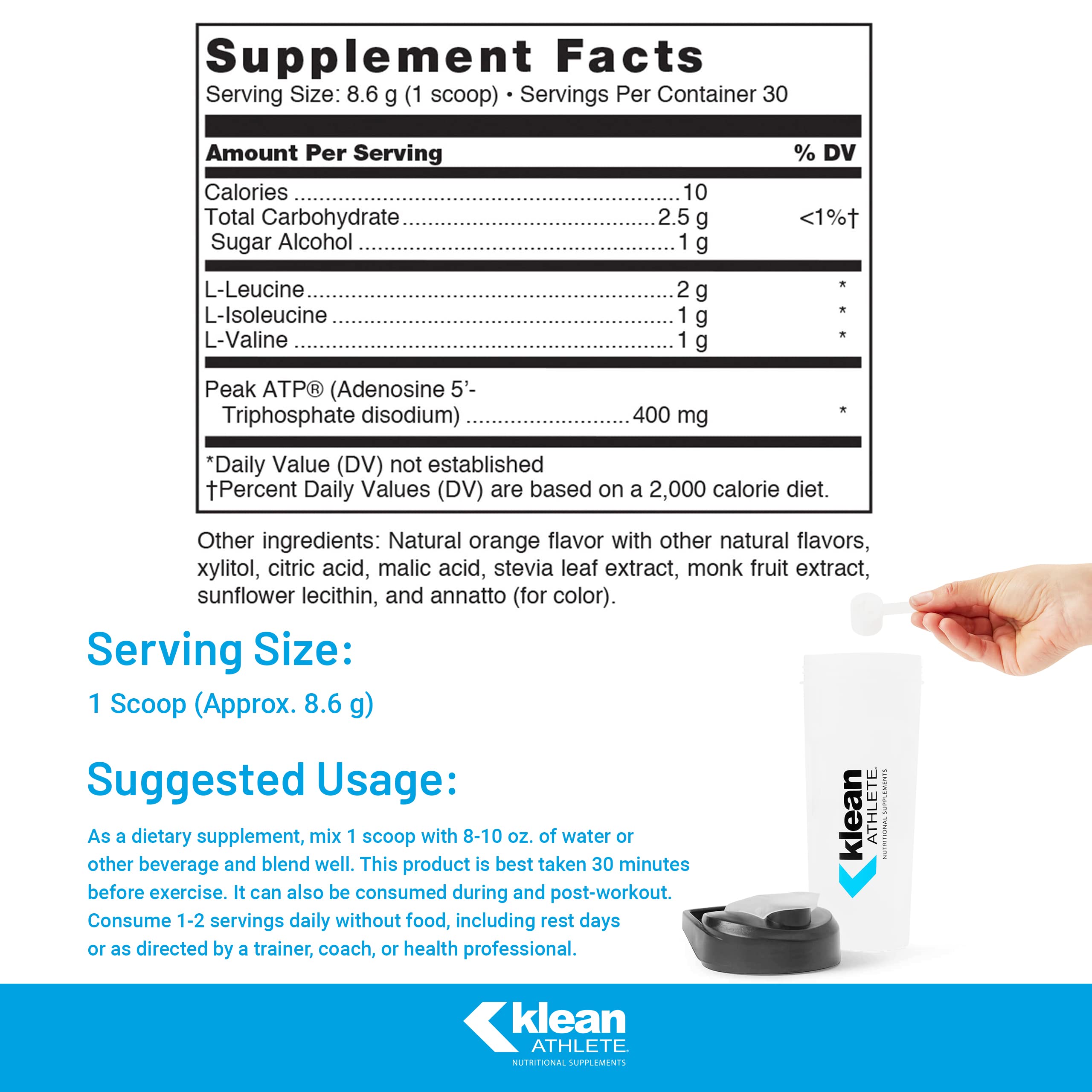 Doseur montrant le dosage précis pour mélanger Klean BCAA + Peak ATP.