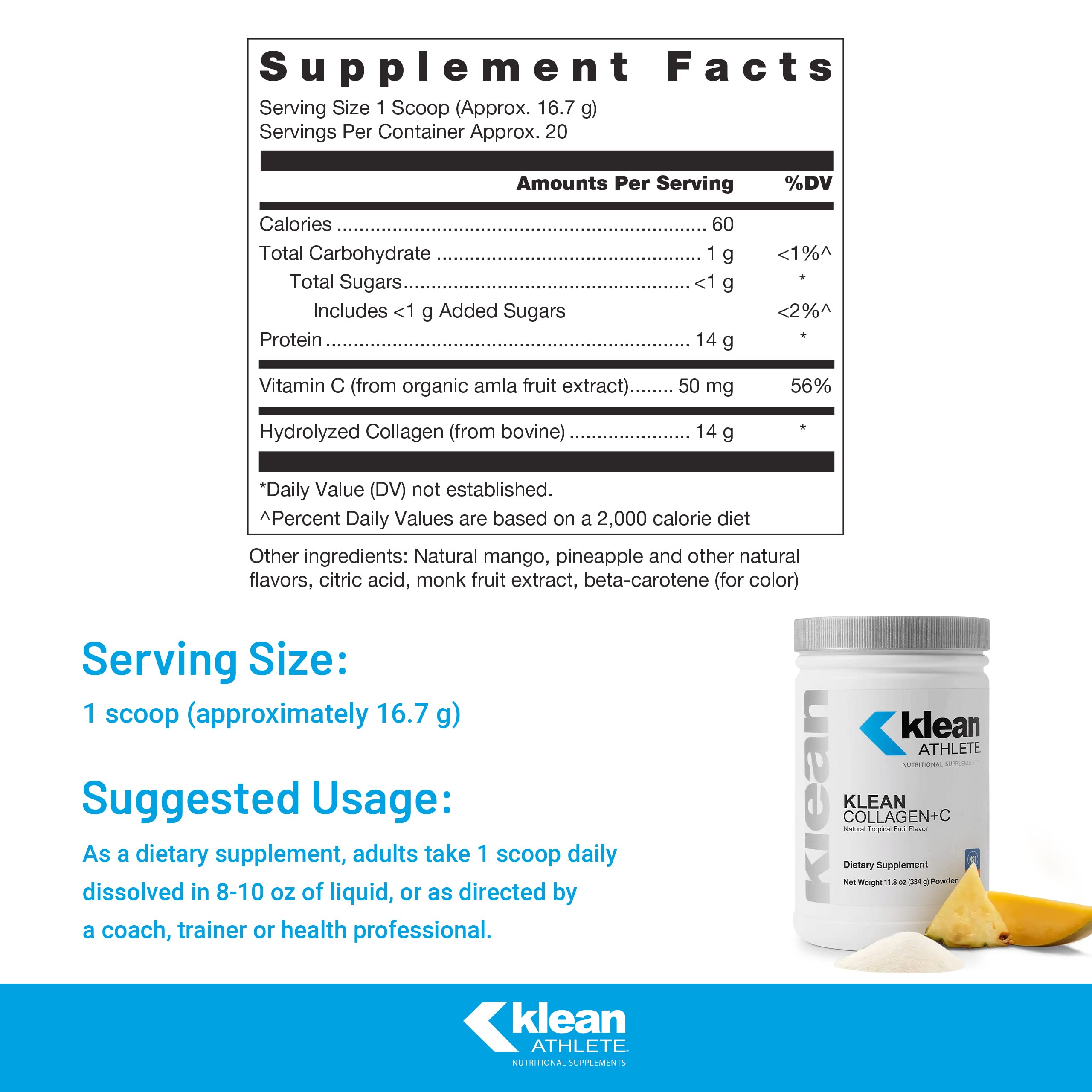 Klean Collagen+C préparation shake dans un verre, savoure naturelle tropicale après effort.