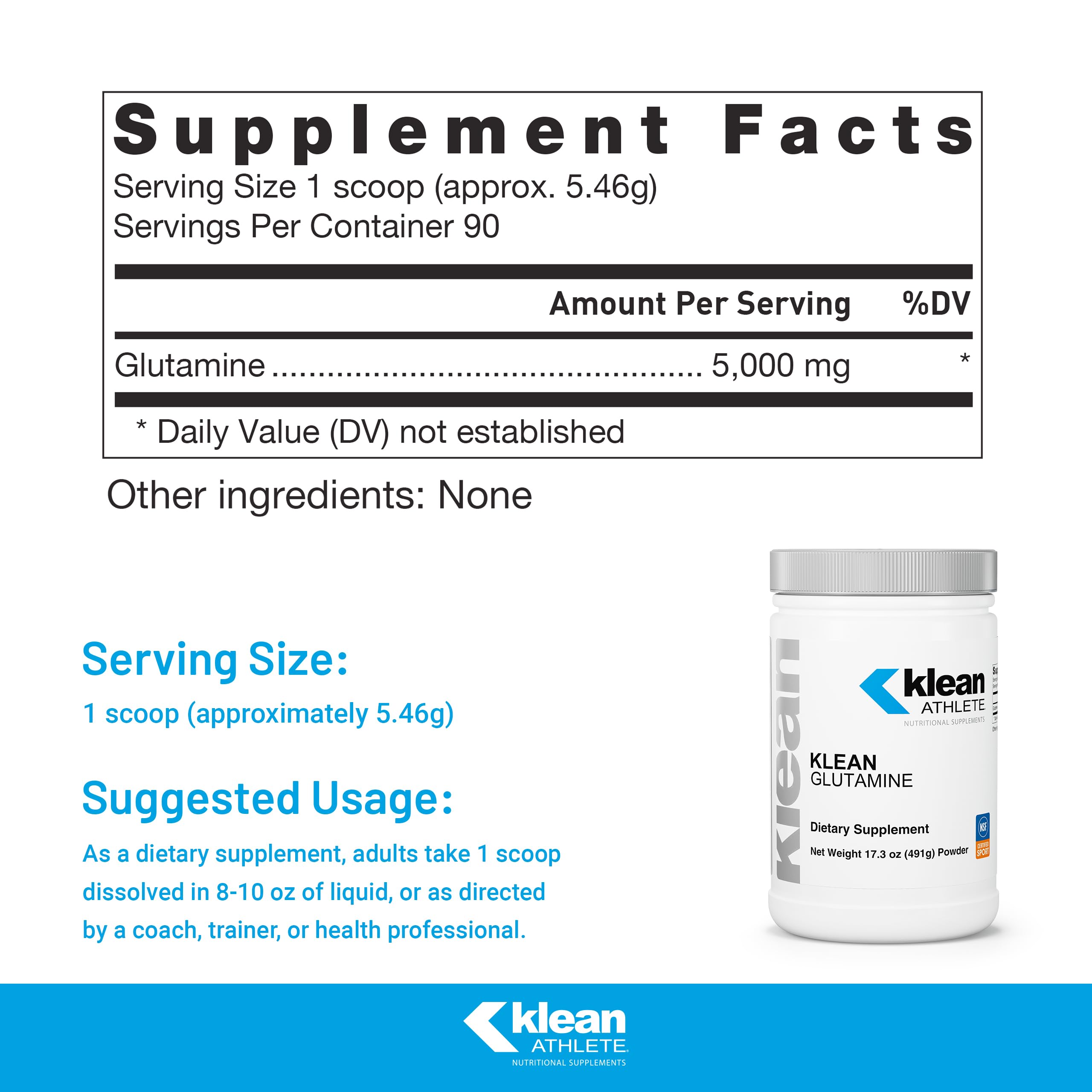Étiquette Klean Glutamine avec informations claires sur les ingrédients.