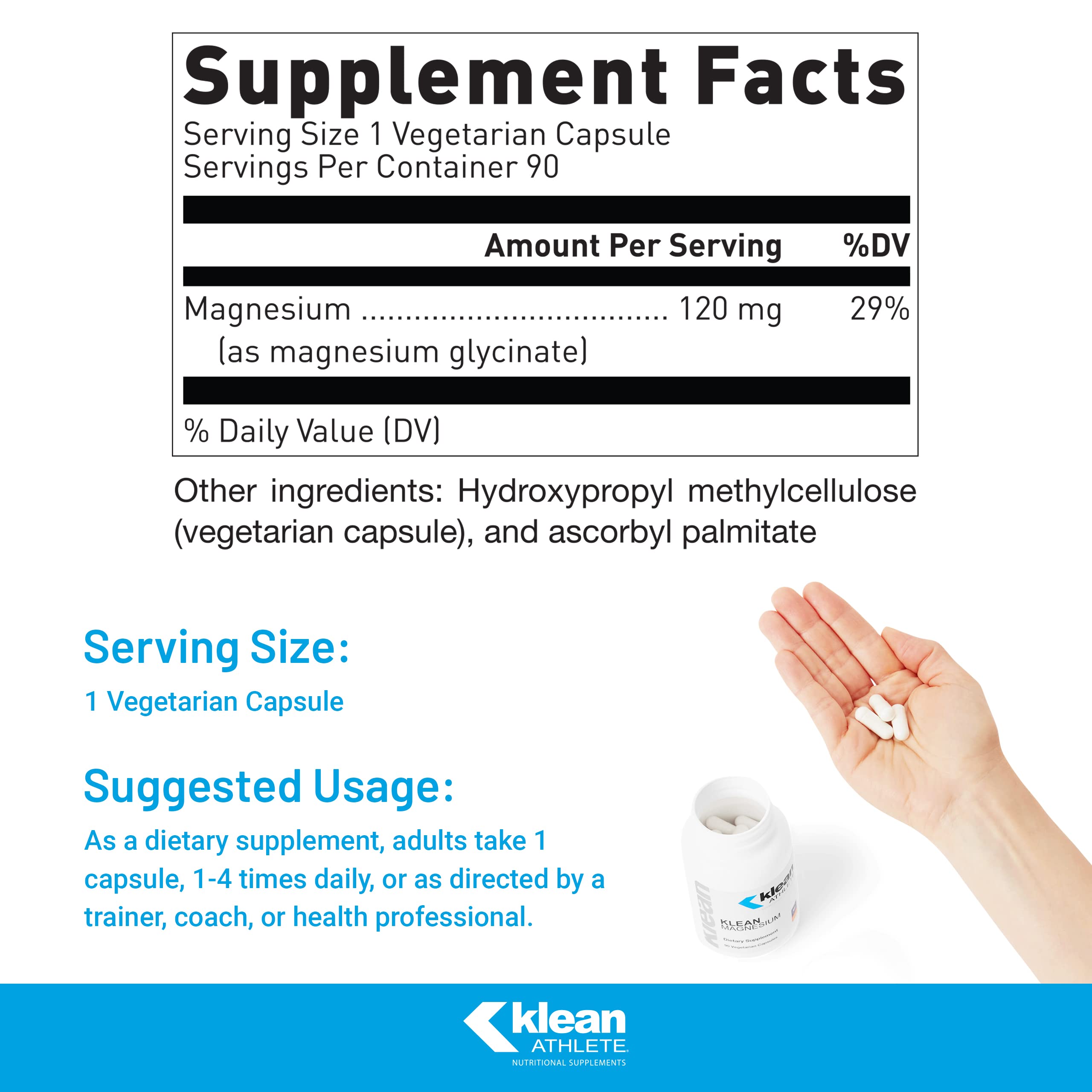 Klean Athlete Klean Magnesium, étui et étiquette nutritionnelle pour les apports journaliers.