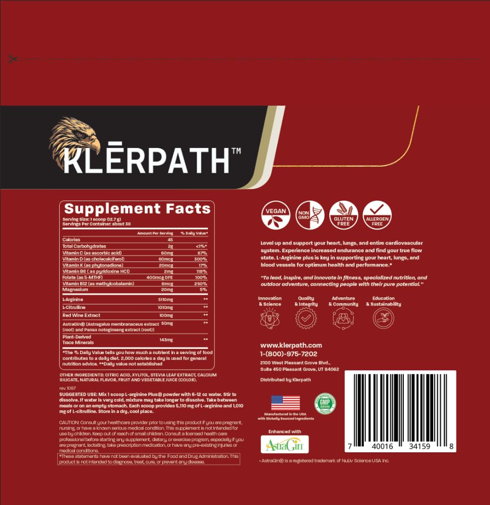 Klerpath L-Arginine Plus, ingrédients framboise, pour absorption améliorée.