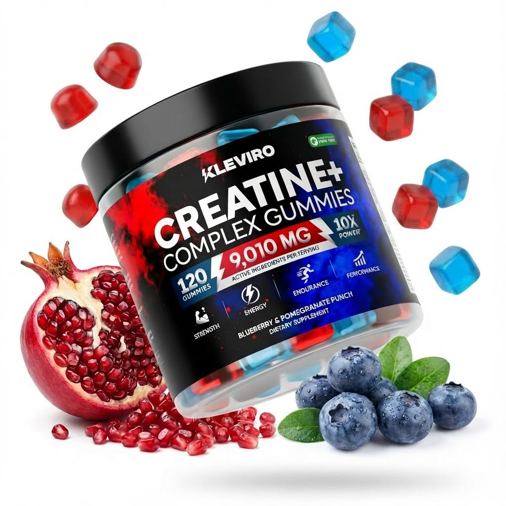 Boîte KLEVIRO Creatine Gummies saveur myrtille et grenade, pratique au quotidien