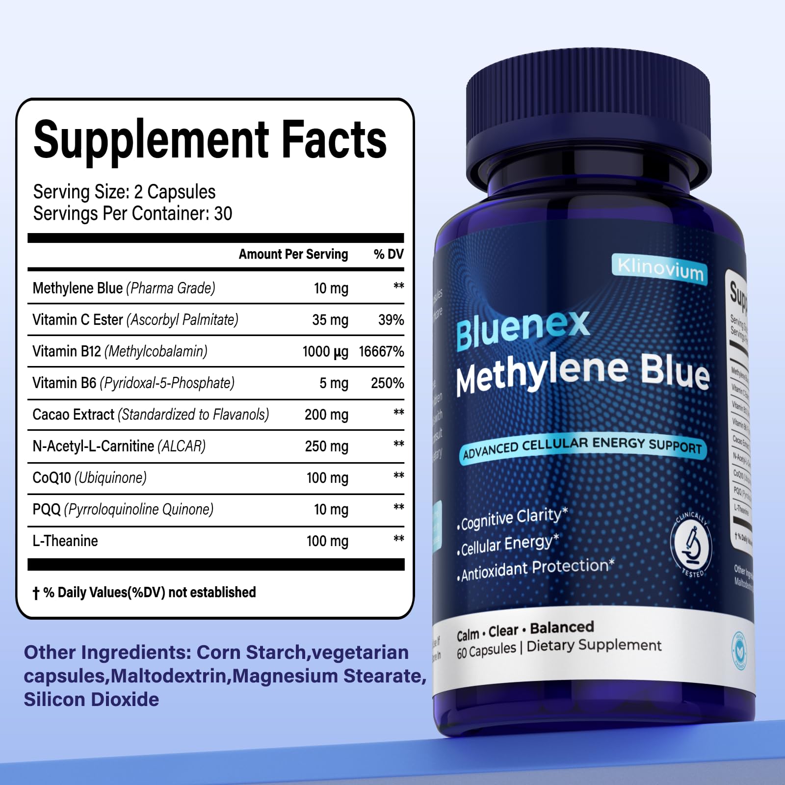 Klinovium Methylene Blue: capsules antioxydants pour soutien a long terme.