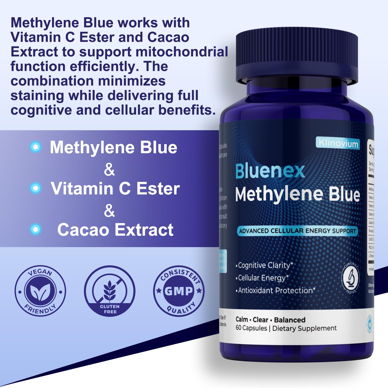 Klinovium Methylene Blue: capsules energie cellulaire pour vitalite et performance.