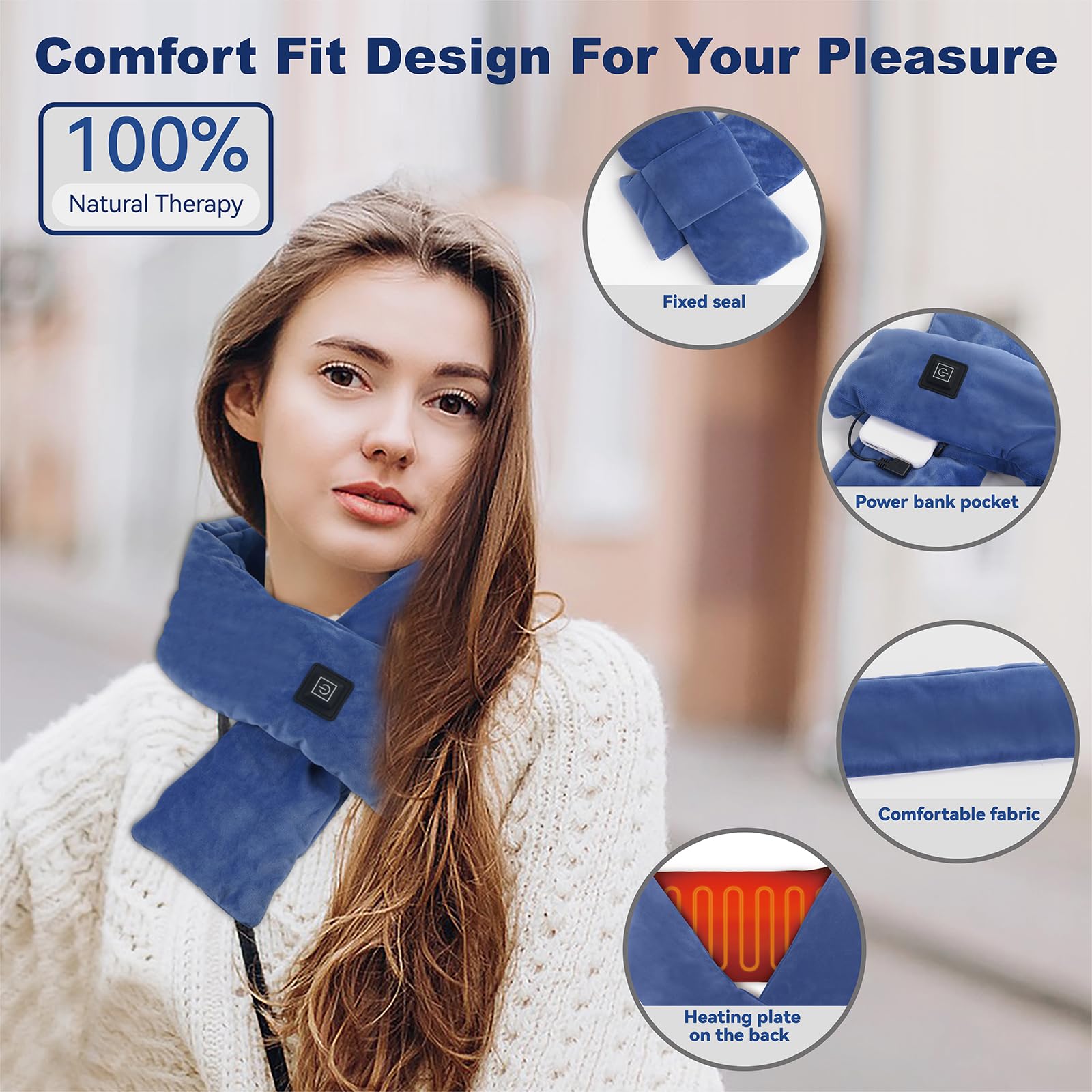 Écharpe chauffante KMANDLU bleu au design élégant pour l'hiver.