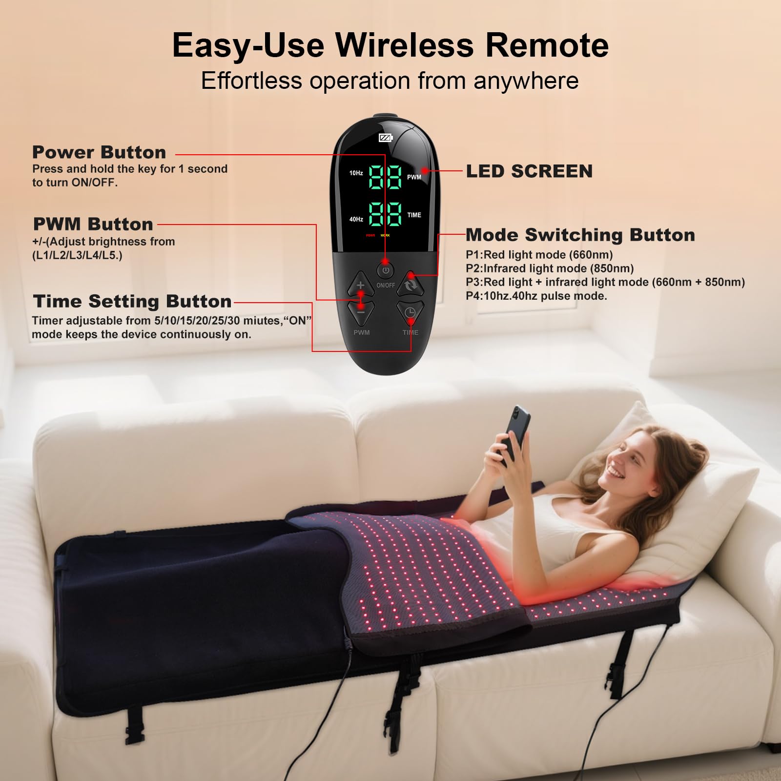 Knocoka Tapis Lumière Rouge, quatre modes, personnalisation intuitive.